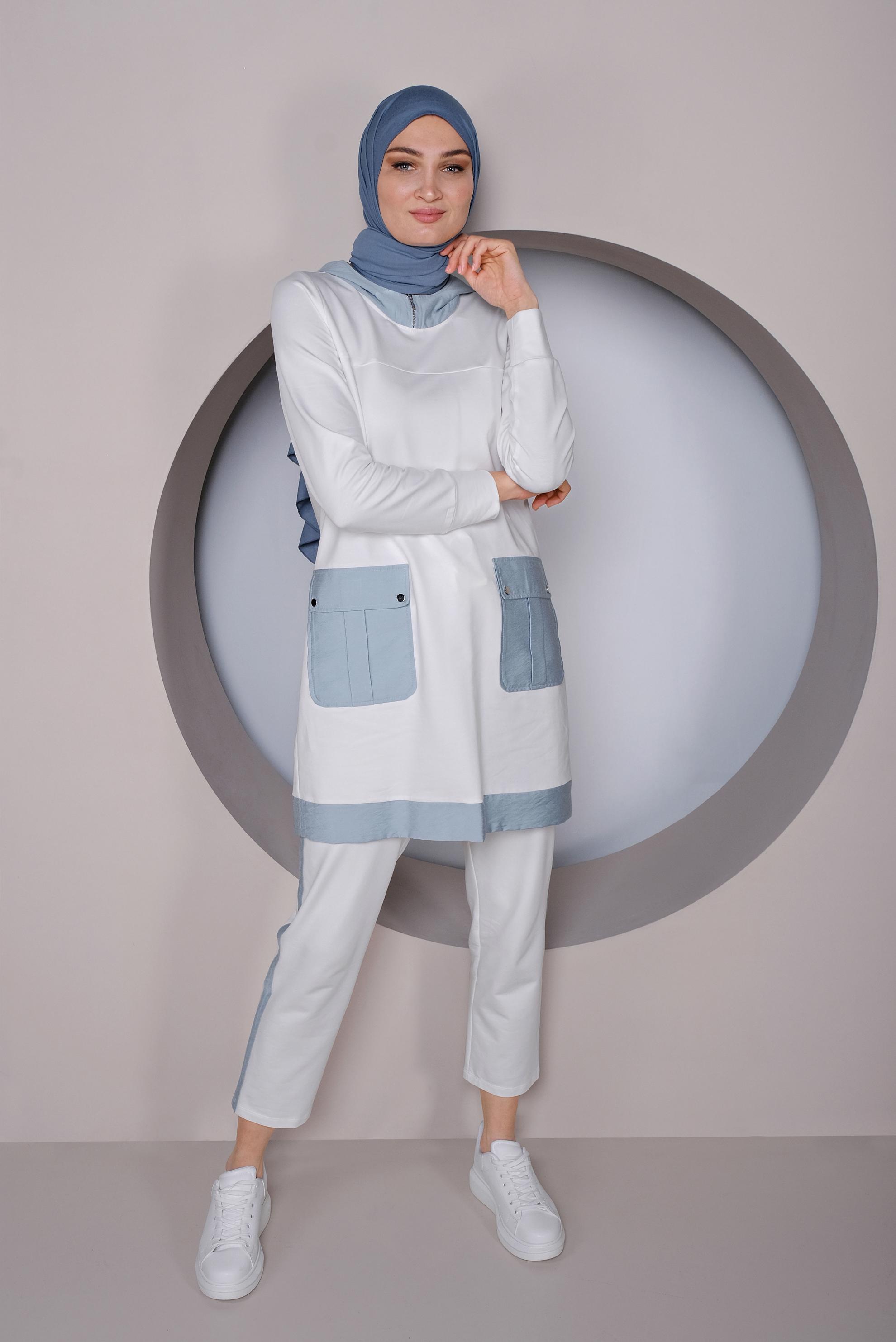 Tesettür giyim BEJ CEP DETAYLI KAPÜŞONLU İKİLİ PANTOLONLU TAKIM 41417