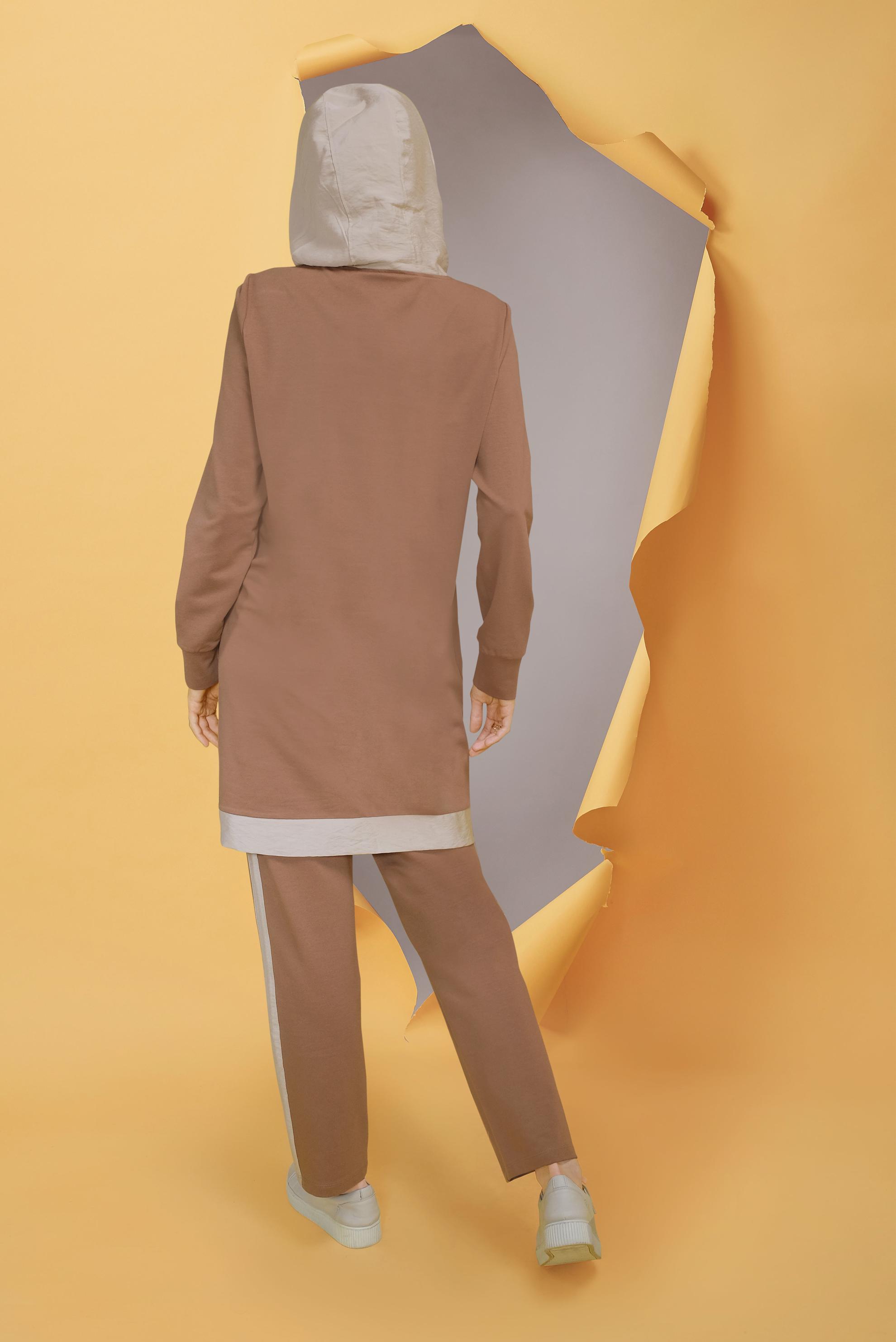 Tesettür giyim KAHVE CEP DETAYLI KAPÜŞONLU İKİLİ PANTOLONLU TAKIM 41417