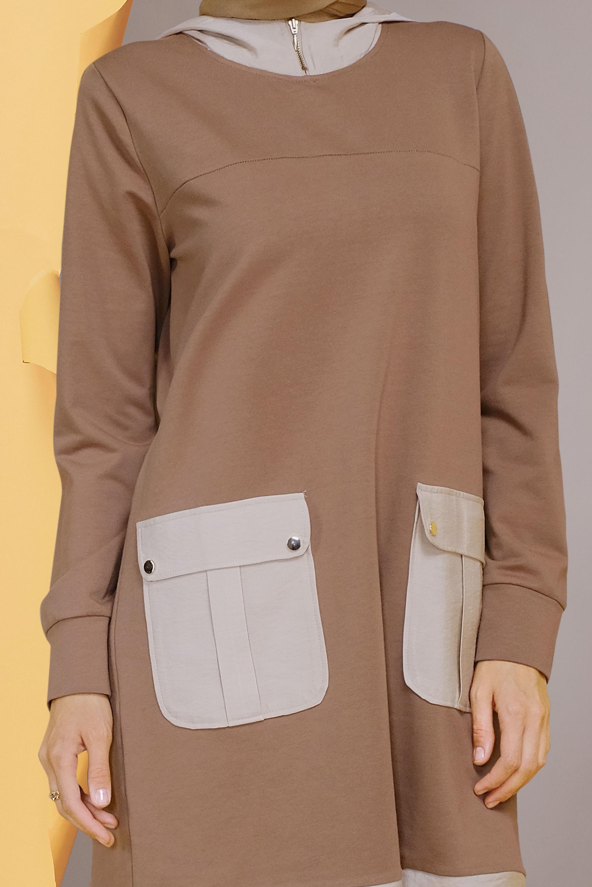 Tesettür giyim KAHVE CEP DETAYLI KAPÜŞONLU İKİLİ PANTOLONLU TAKIM 41417