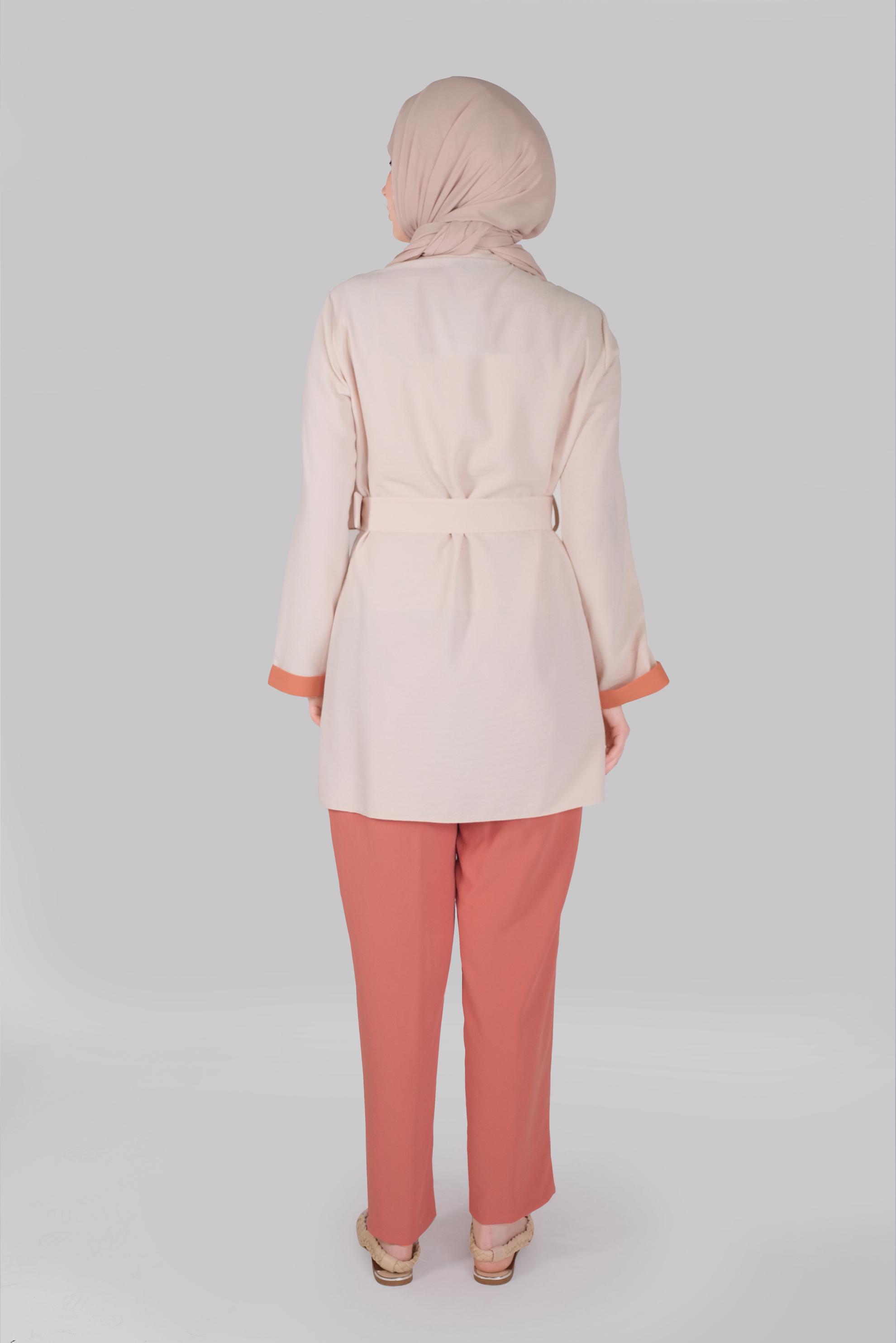 Tesettür giyim TURUNCU DÜĞME DETAYLI ASİMETRİK KESİM İKİLİ PANTOLONLU TAKIM 41472 