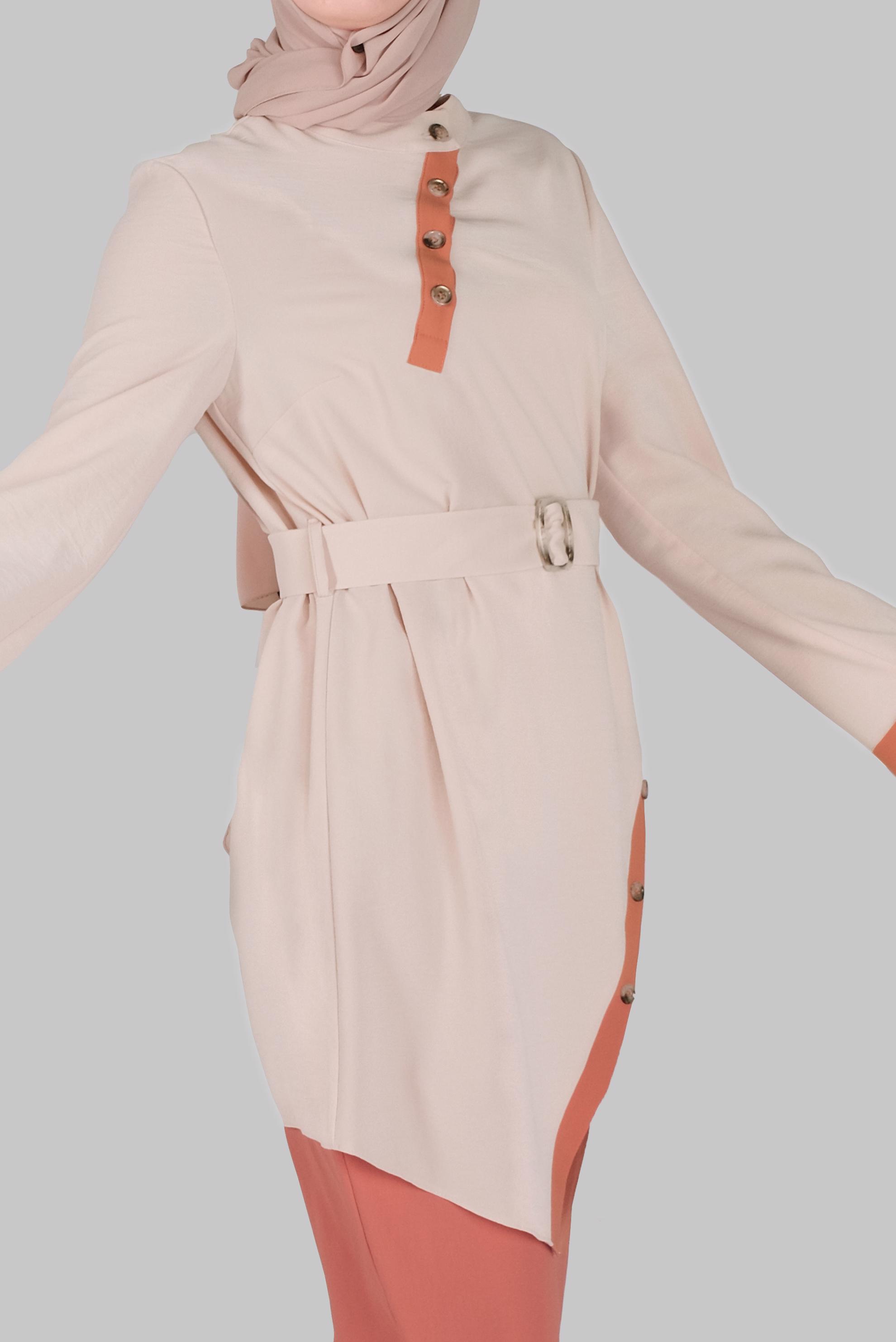 Tesettür giyim TURUNCU DÜĞME DETAYLI ASİMETRİK KESİM İKİLİ PANTOLONLU TAKIM 41472 