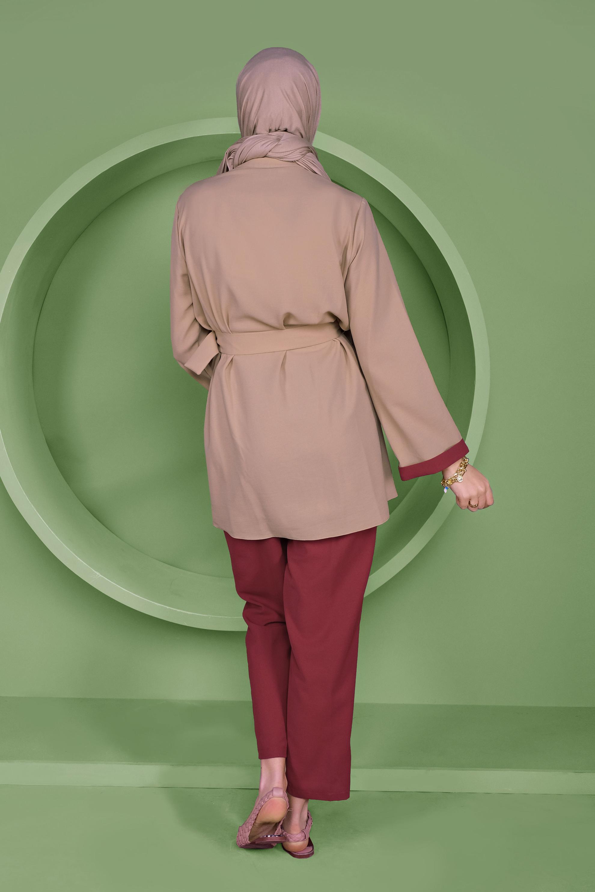 Tesettür giyim BORDO DÜĞME DETAYLI ASİMETRİK KESİM İKİLİ PANTOLONLU TAKIM 41472 