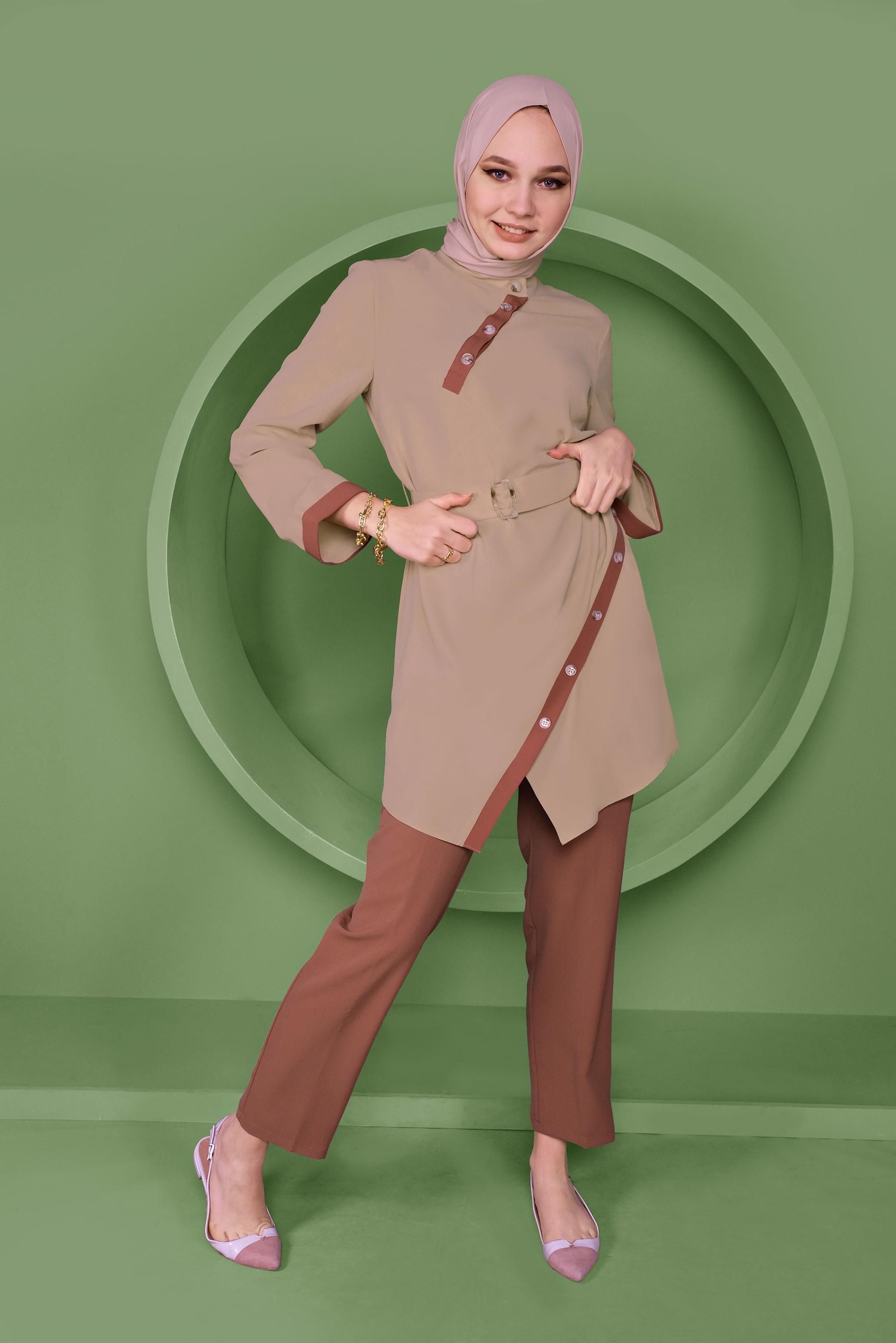 Tesettür giyim TURUNCU DÜĞME DETAYLI ASİMETRİK KESİM İKİLİ PANTOLONLU TAKIM 41472 