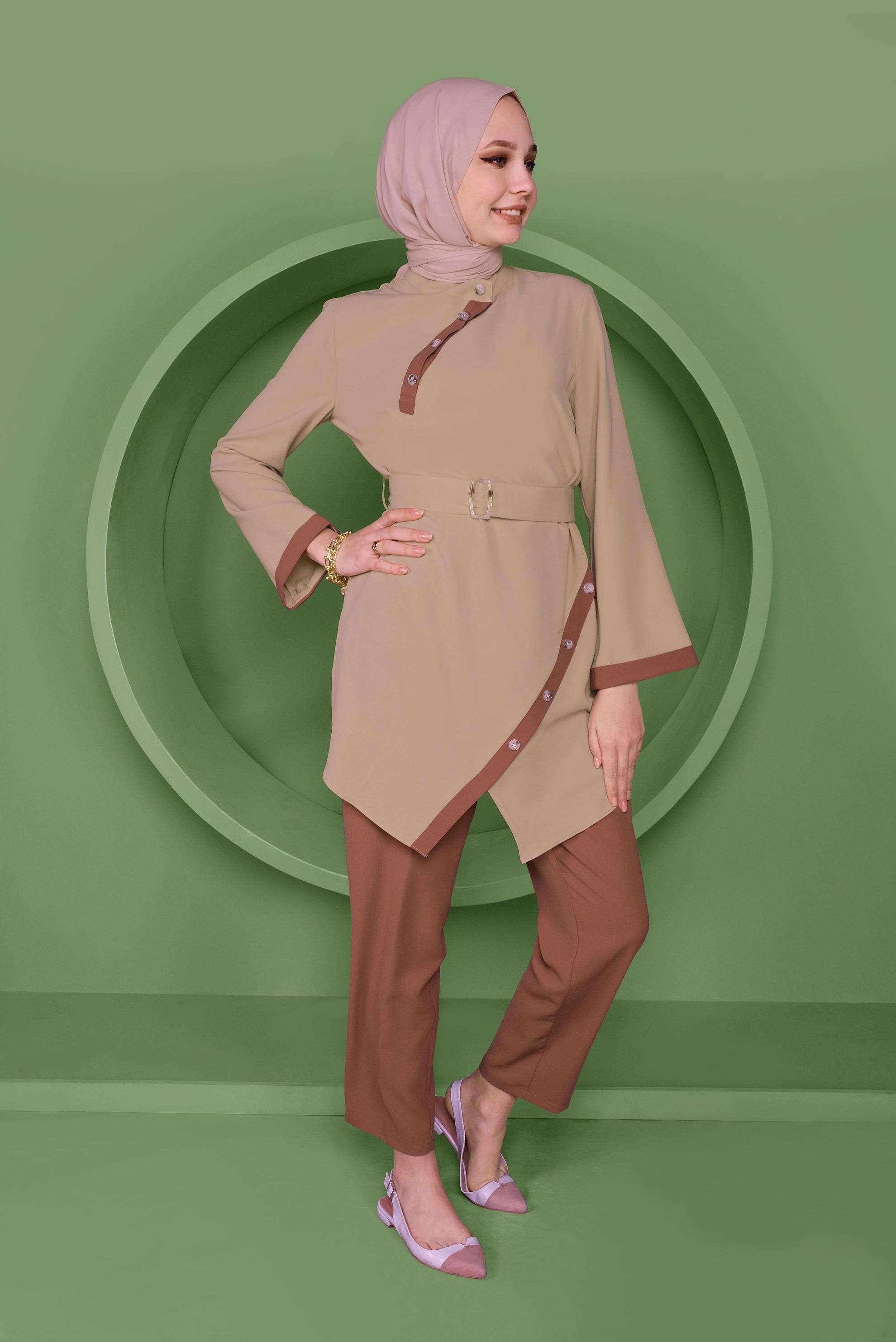 Tesettür giyim TURUNCU DÜĞME DETAYLI ASİMETRİK KESİM İKİLİ PANTOLONLU TAKIM 41472 