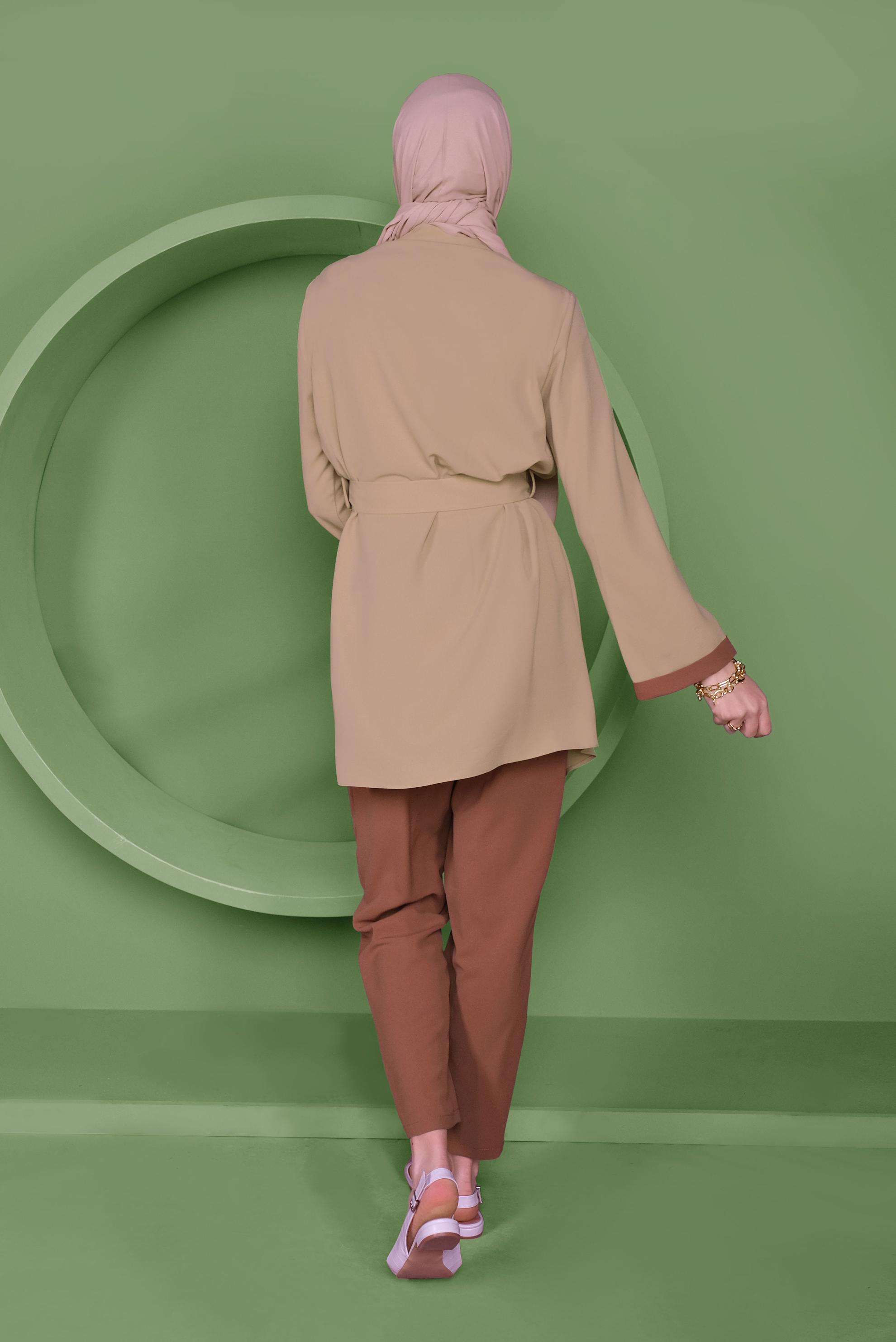 Tesettür giyim TURUNCU DÜĞME DETAYLI ASİMETRİK KESİM İKİLİ PANTOLONLU TAKIM 41472 