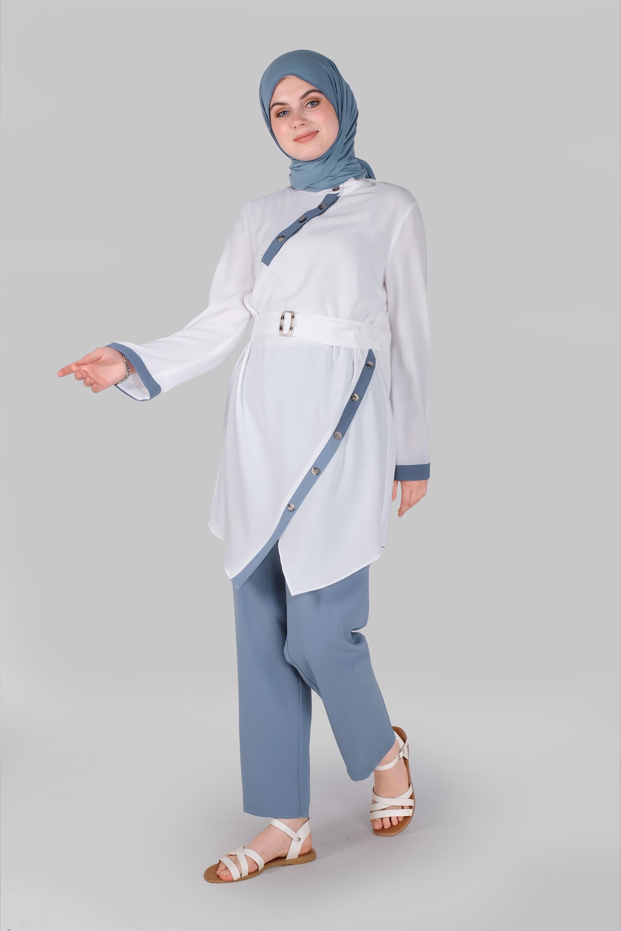 Tesettür giyim MAVİ DÜĞME DETAYLI ASİMETRİK KESİM İKİLİ PANTOLONLU TAKIM 41472 