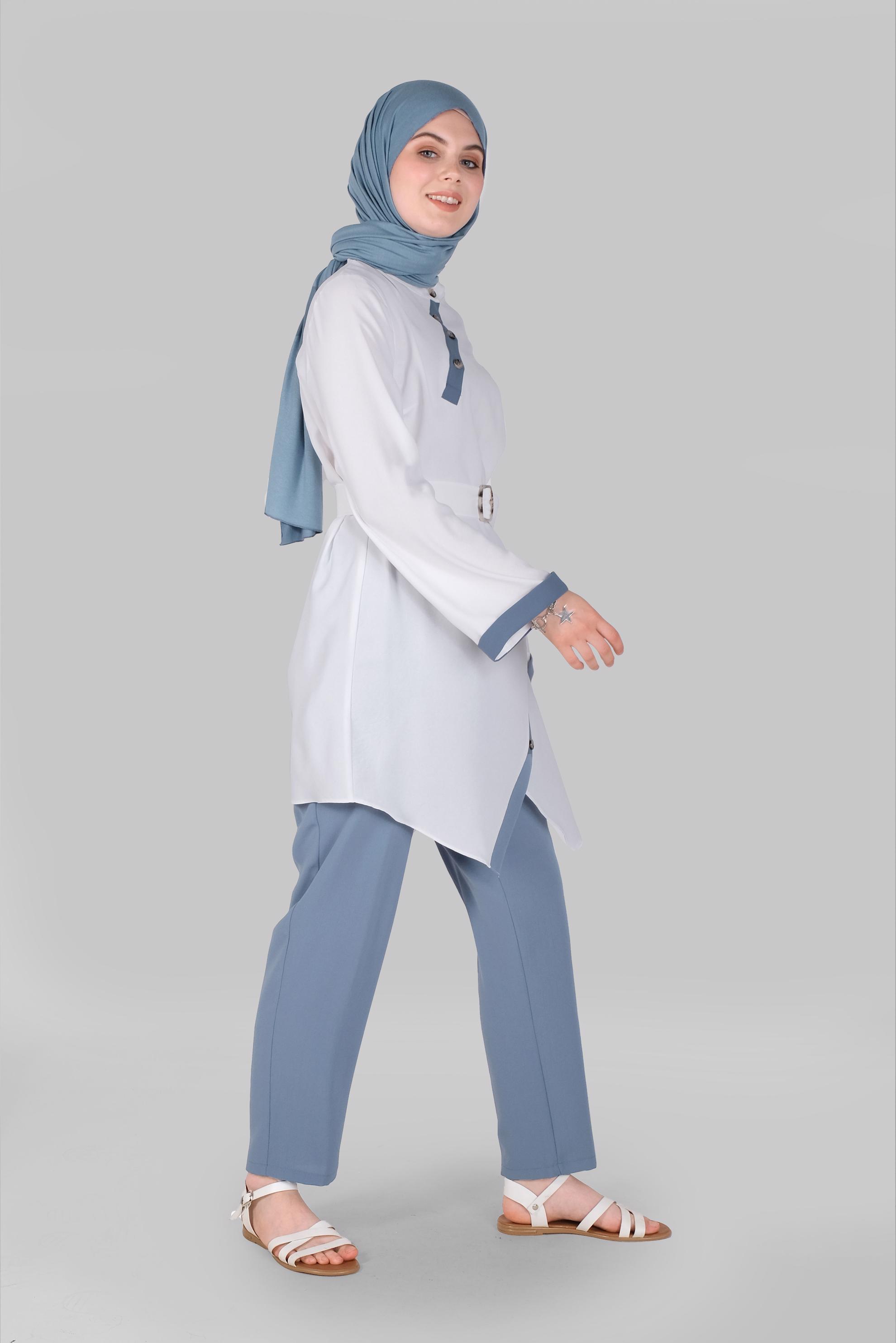Tesettür giyim MAVİ DÜĞME DETAYLI ASİMETRİK KESİM İKİLİ PANTOLONLU TAKIM 41472 