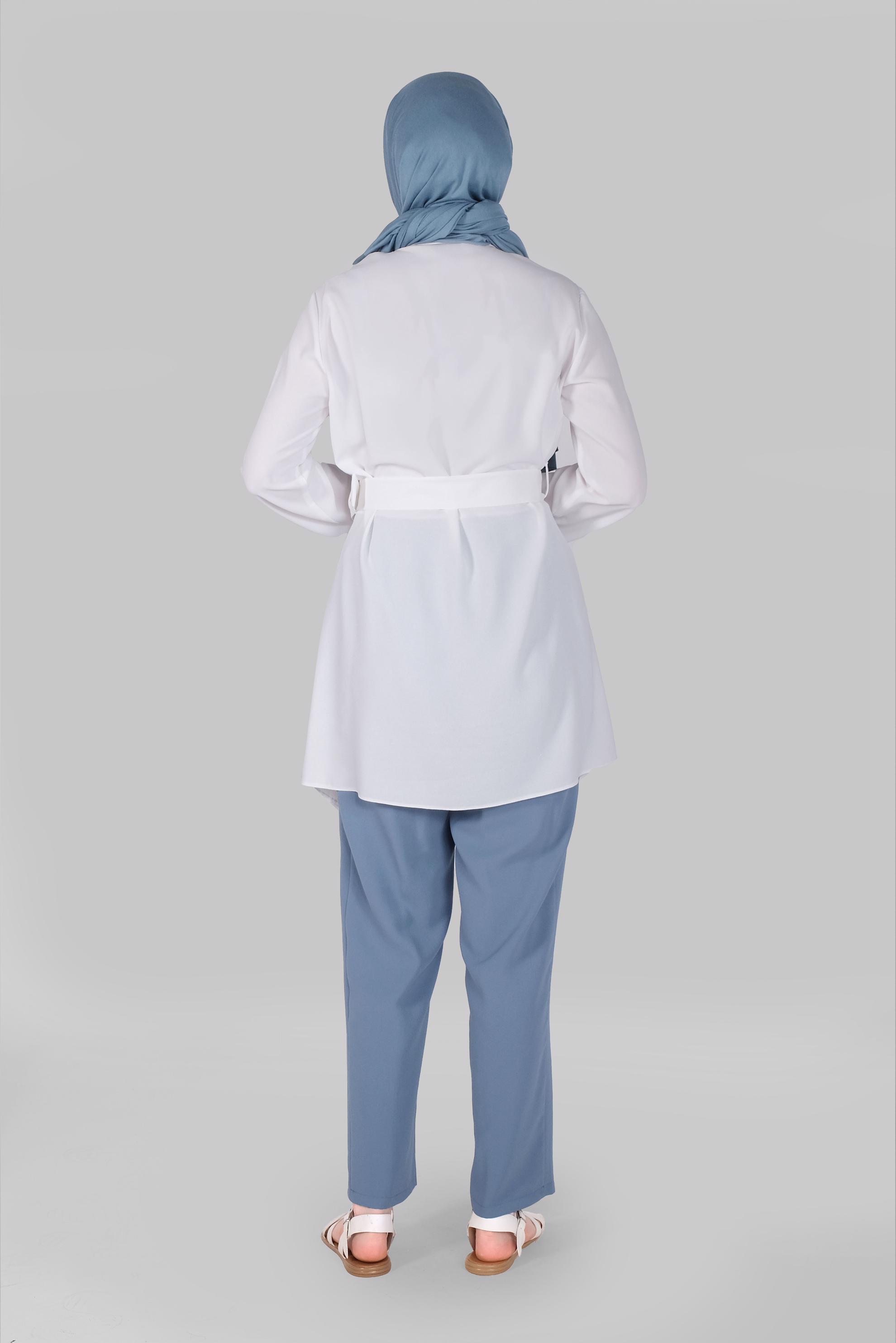 Tesettür giyim MAVİ DÜĞME DETAYLI ASİMETRİK KESİM İKİLİ PANTOLONLU TAKIM 41472 