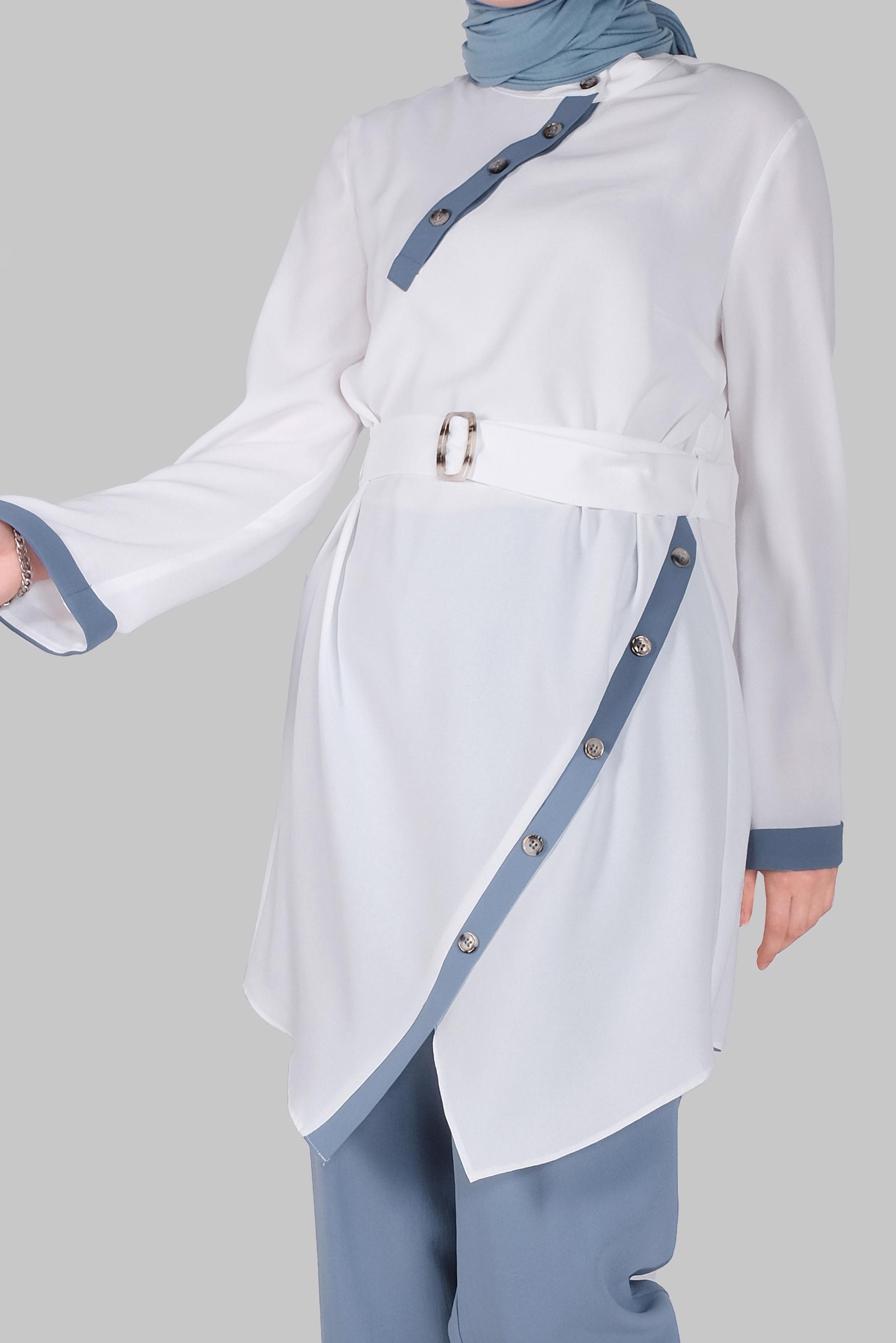 Tesettür giyim MAVİ DÜĞME DETAYLI ASİMETRİK KESİM İKİLİ PANTOLONLU TAKIM 41472 