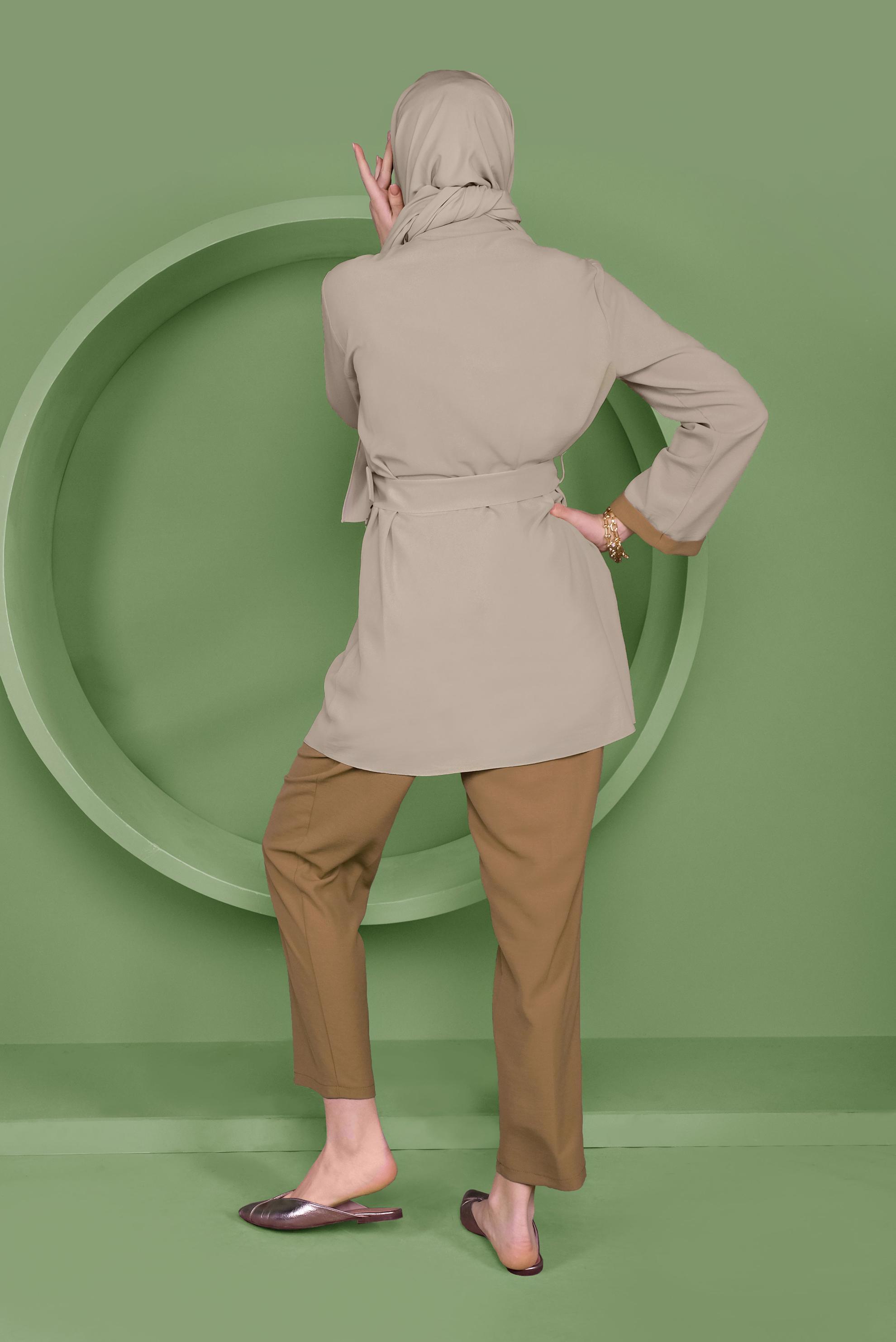 Tesettür giyim SARI DÜĞME DETAYLI ASİMETRİK KESİM İKİLİ PANTOLONLU TAKIM 41472 