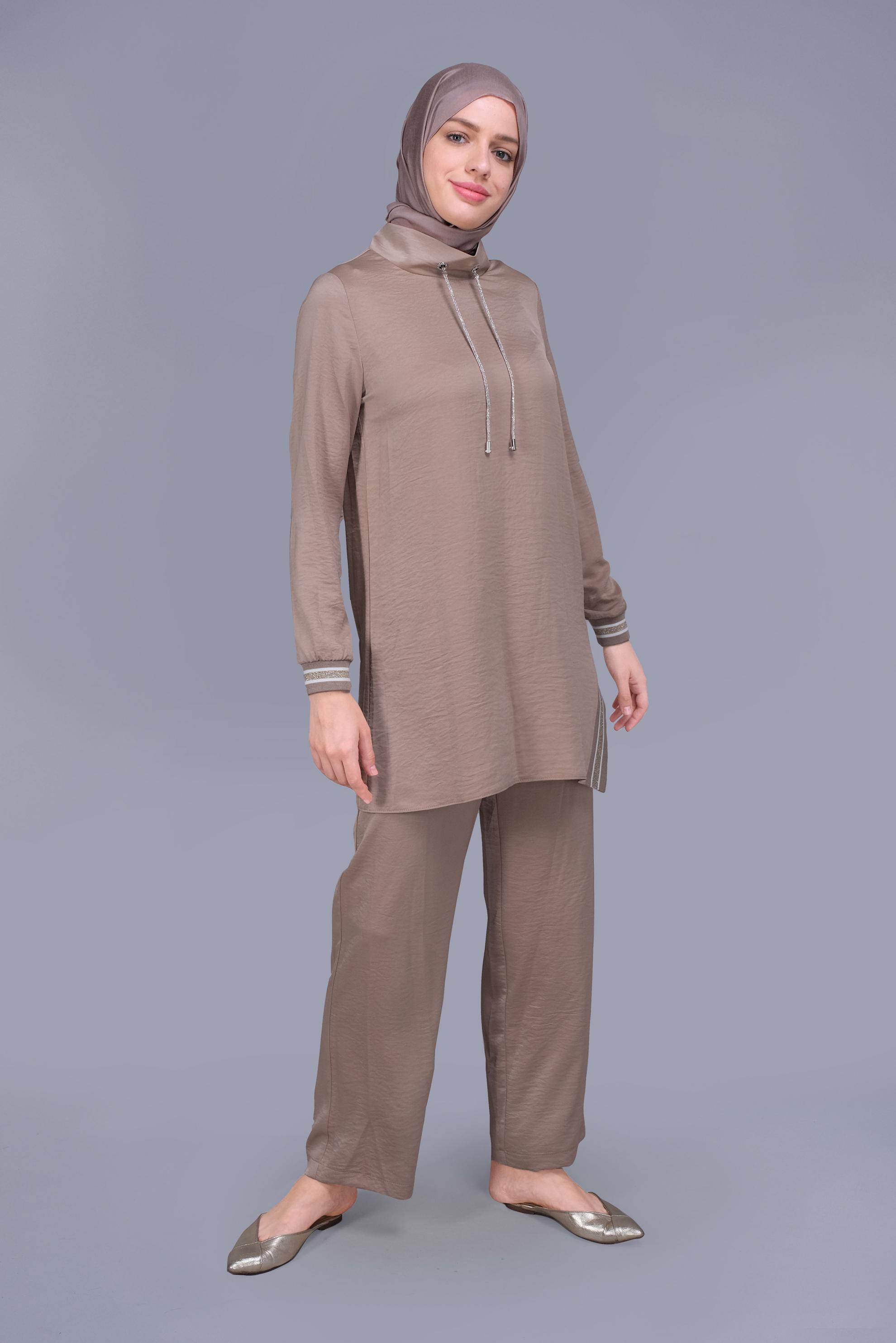 Tesettür giyim BEJ TAŞLI BAĞCIK DETAYLI  PANTOLONLU TAKIM 41513