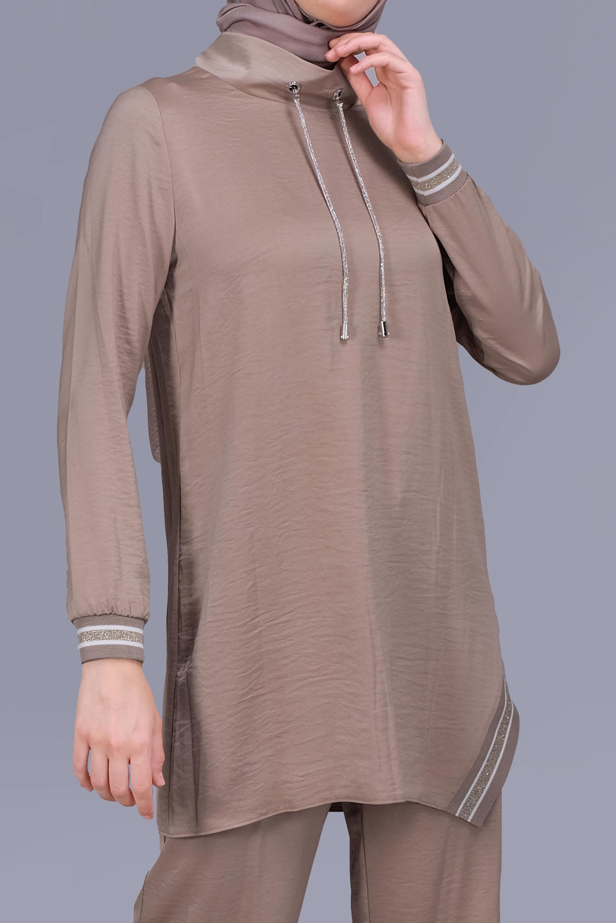Tesettür giyim BEJ TAŞLI BAĞCIK DETAYLI  PANTOLONLU TAKIM 41513