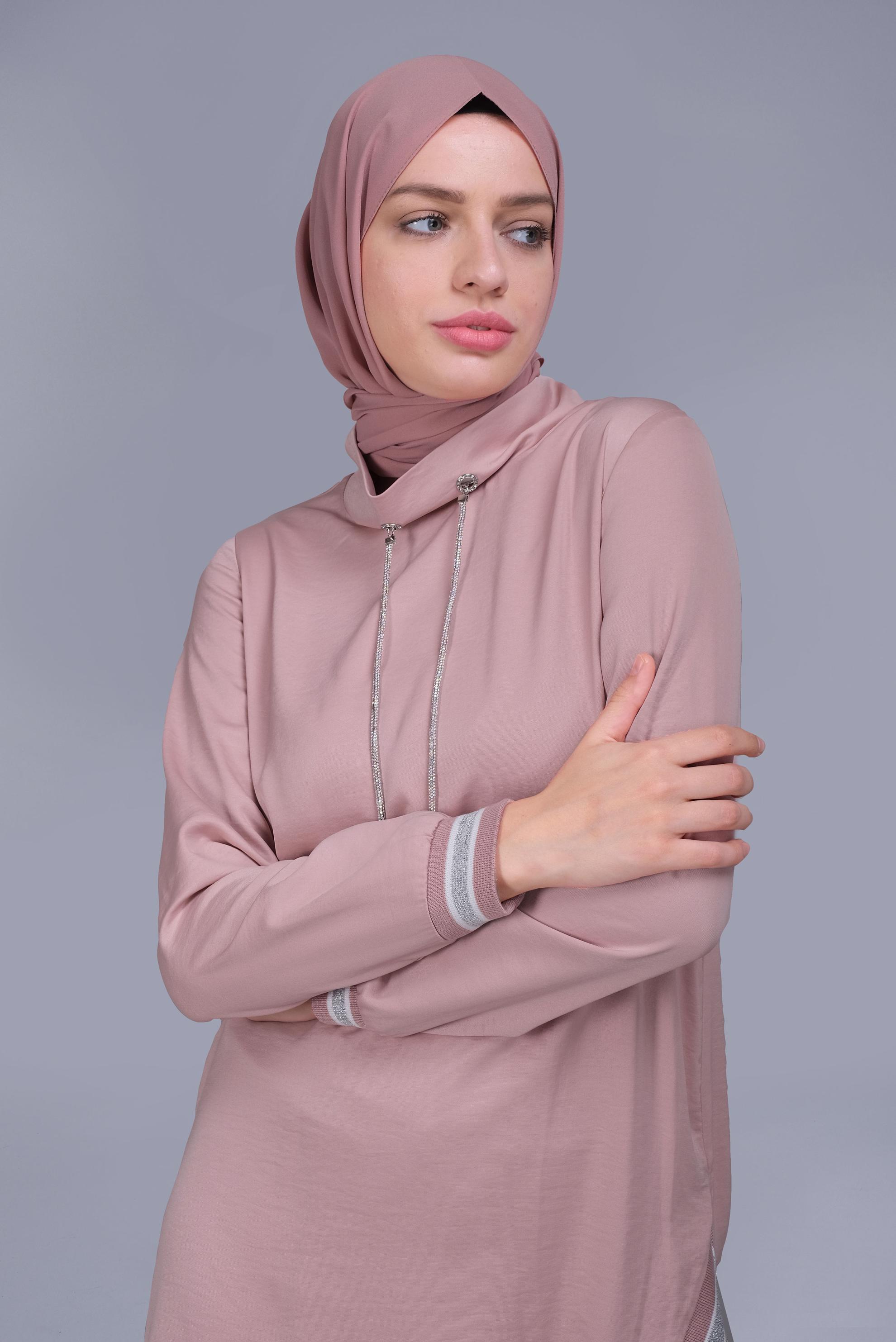 Tesettür giyim PUDRA TAŞLI BAĞCIK DETAYLI  PANTOLONLU TAKIM 41513