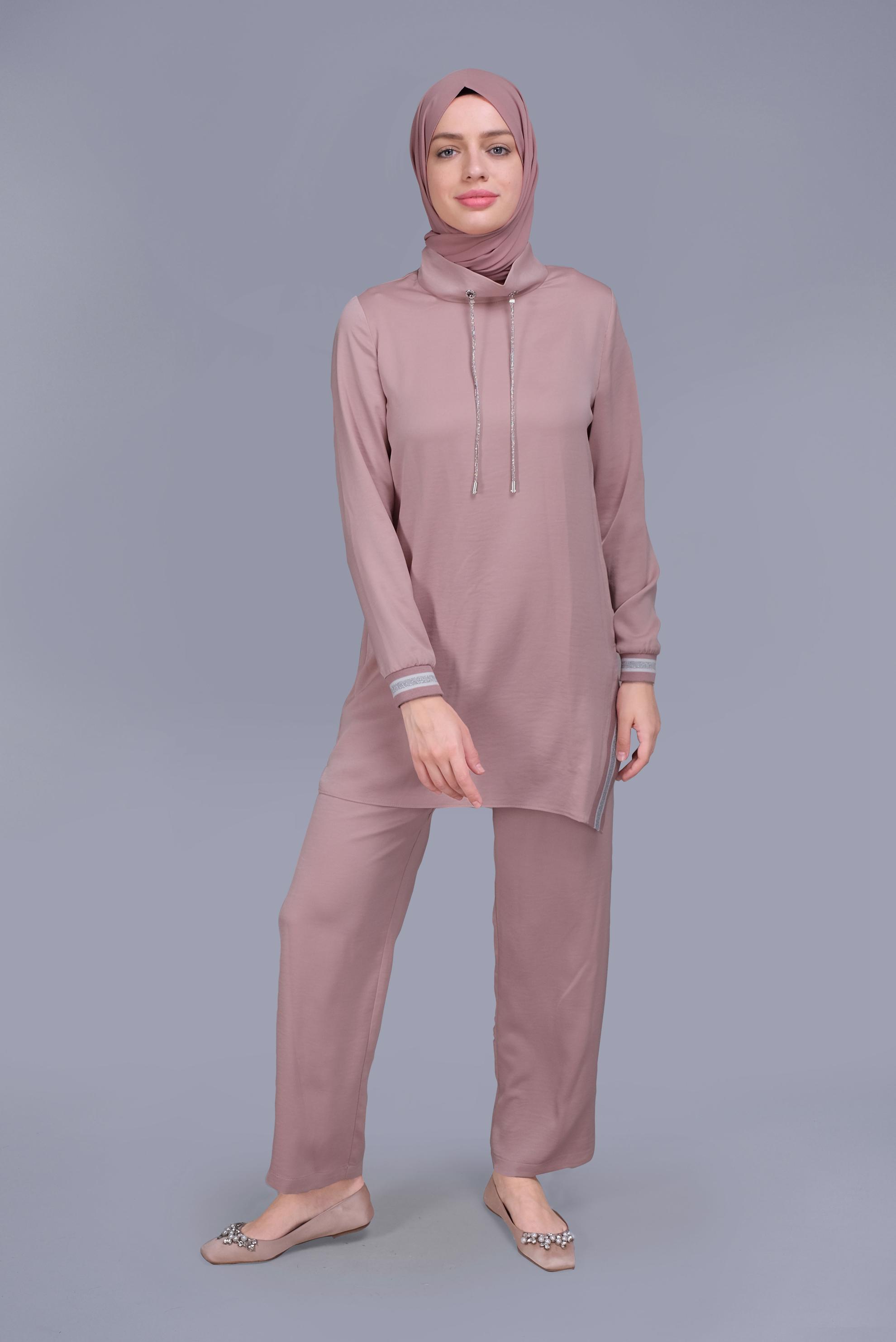 Tesettür giyim PUDRA TAŞLI BAĞCIK DETAYLI  PANTOLONLU TAKIM 41513