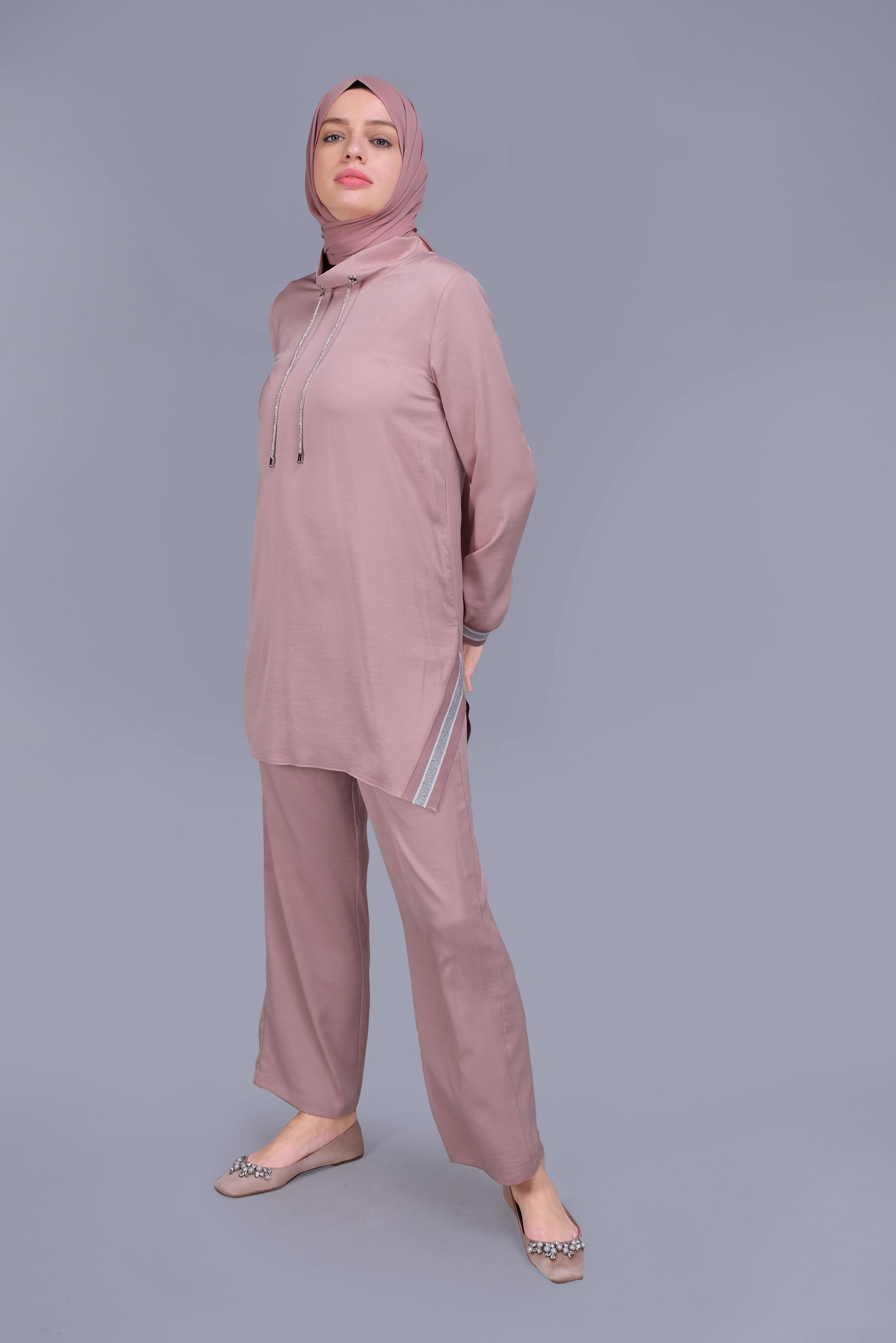 Tesettür giyim PUDRA TAŞLI BAĞCIK DETAYLI  PANTOLONLU TAKIM 41513