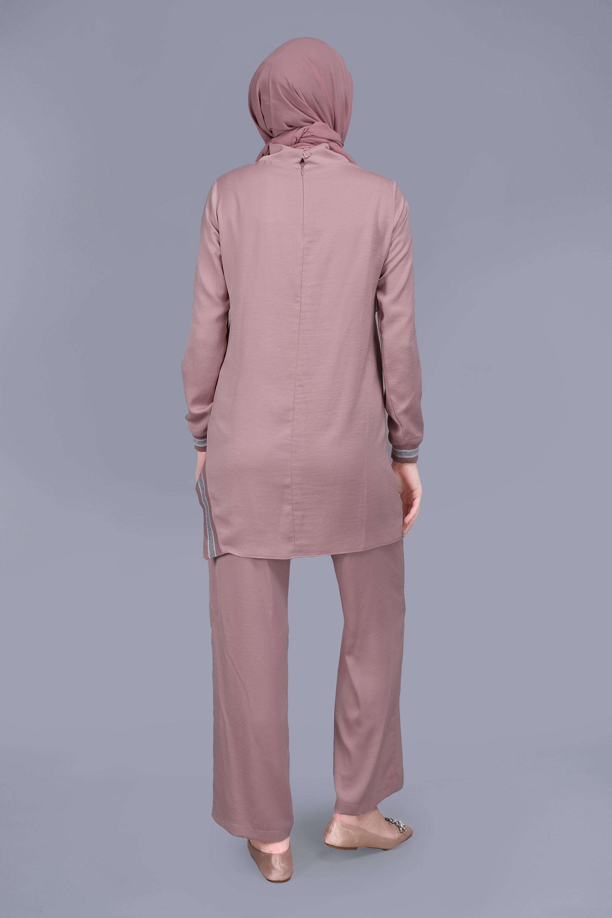 Tesettür giyim PUDRA TAŞLI BAĞCIK DETAYLI  PANTOLONLU TAKIM 41513