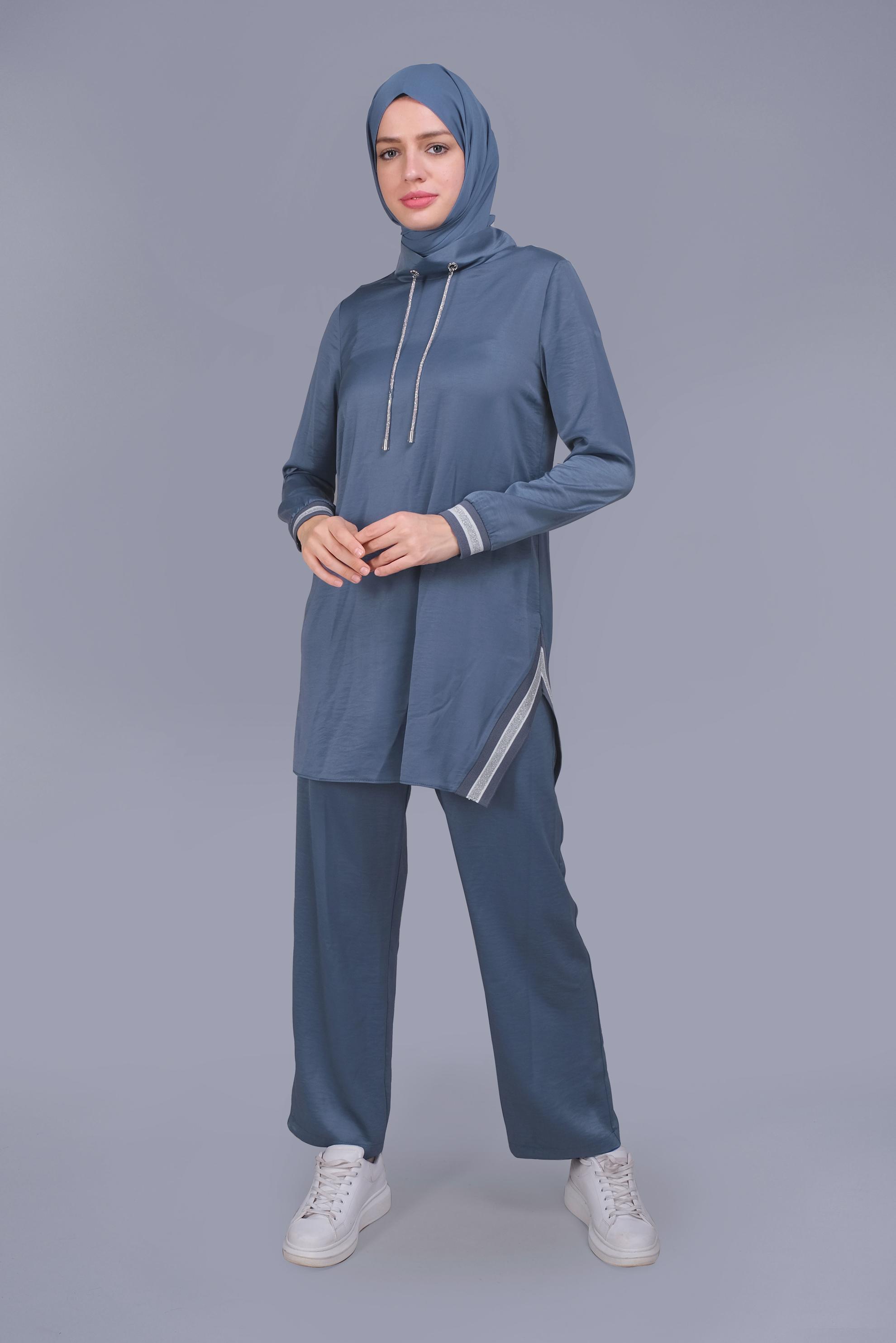 Tesettür giyim LACİVERT TAŞLI BAĞCIK DETAYLI  PANTOLONLU TAKIM 41513