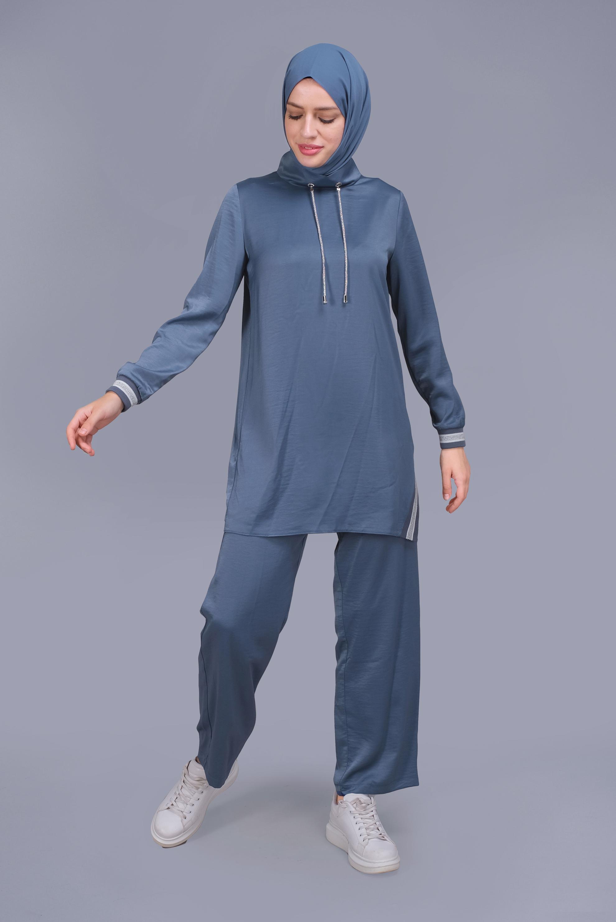 Tesettür giyim LACİVERT TAŞLI BAĞCIK DETAYLI  PANTOLONLU TAKIM 41513