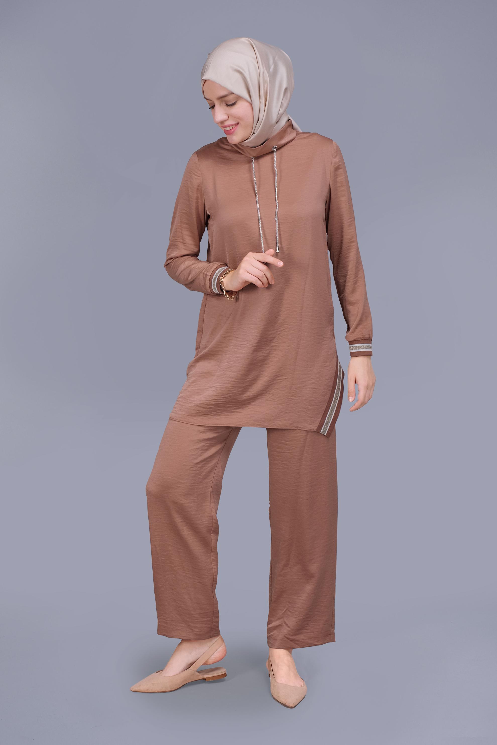 Tesettür giyim KAHVE TAŞLI BAĞCIK DETAYLI  PANTOLONLU TAKIM 41513