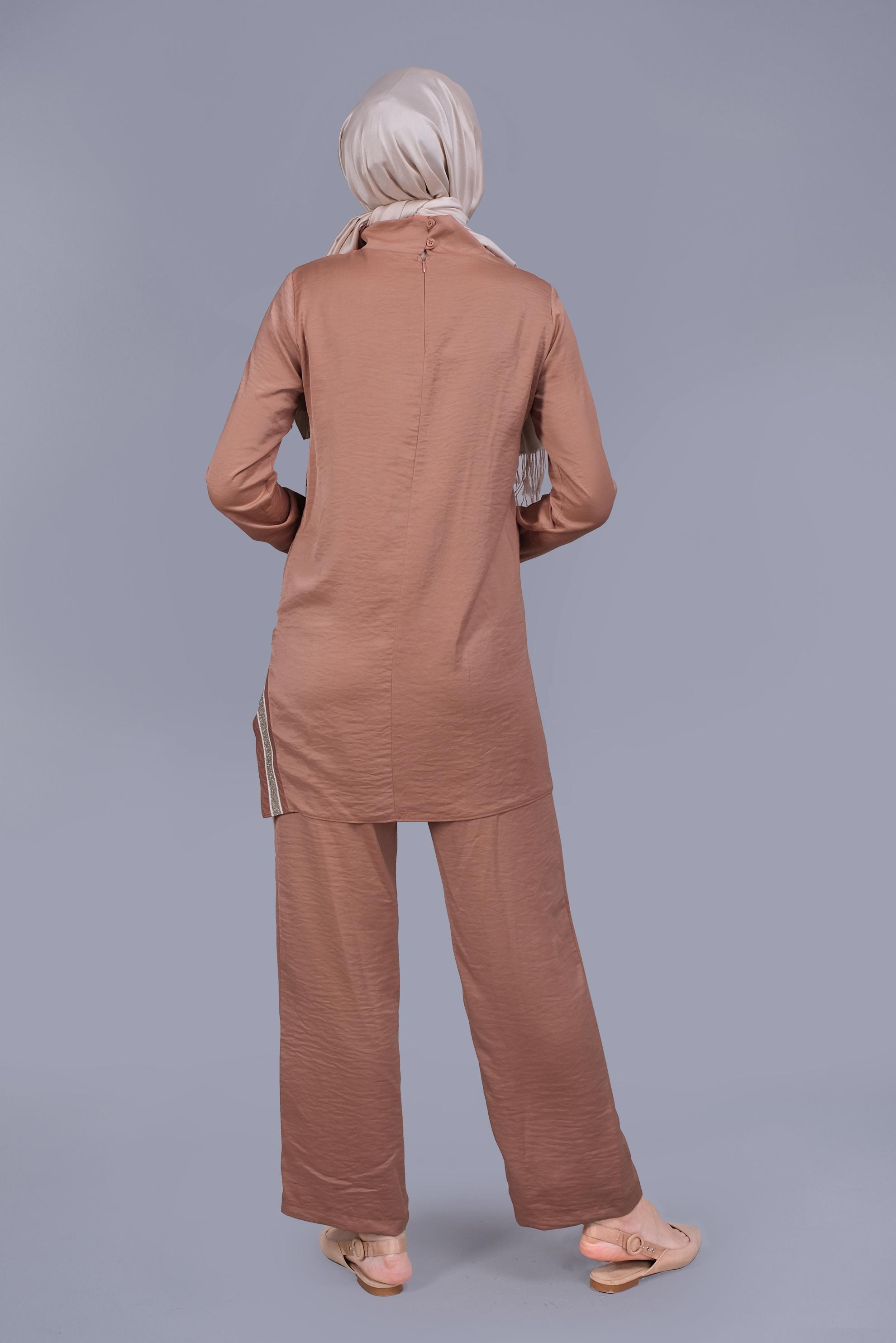 Tesettür giyim KAHVE TAŞLI BAĞCIK DETAYLI  PANTOLONLU TAKIM 41513