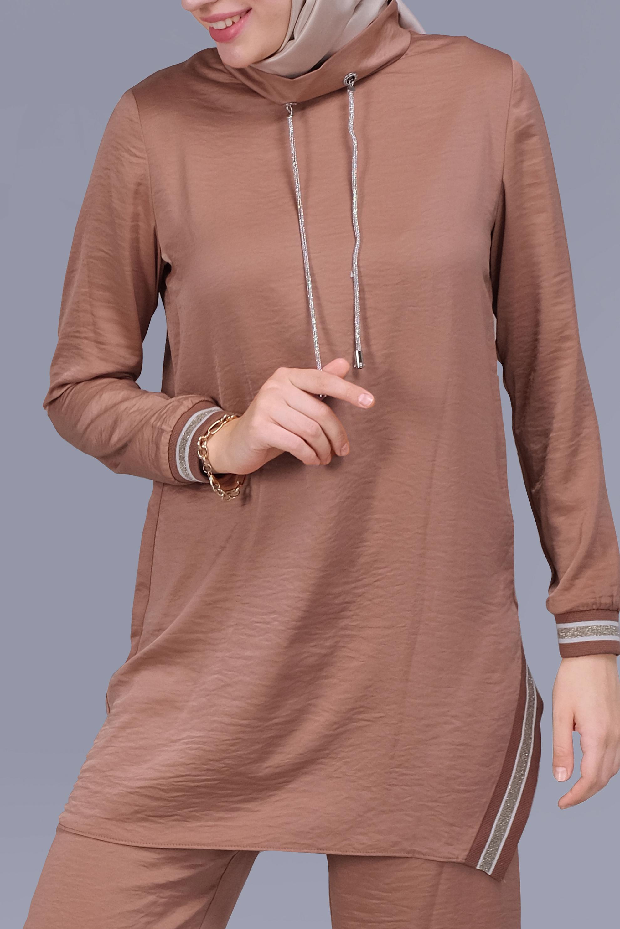 Tesettür giyim KAHVE TAŞLI BAĞCIK DETAYLI  PANTOLONLU TAKIM 41513