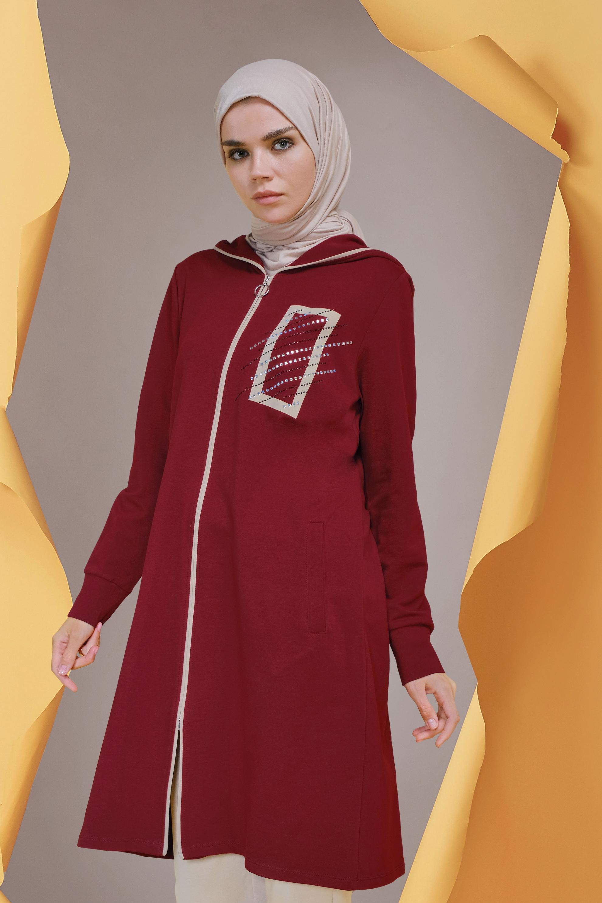 Vêtements hijab ROUGE BORDEAUX COSTUME 2 PIÈCES À CAPUCHE ZIPPÉE AVEC PANTALON 41650