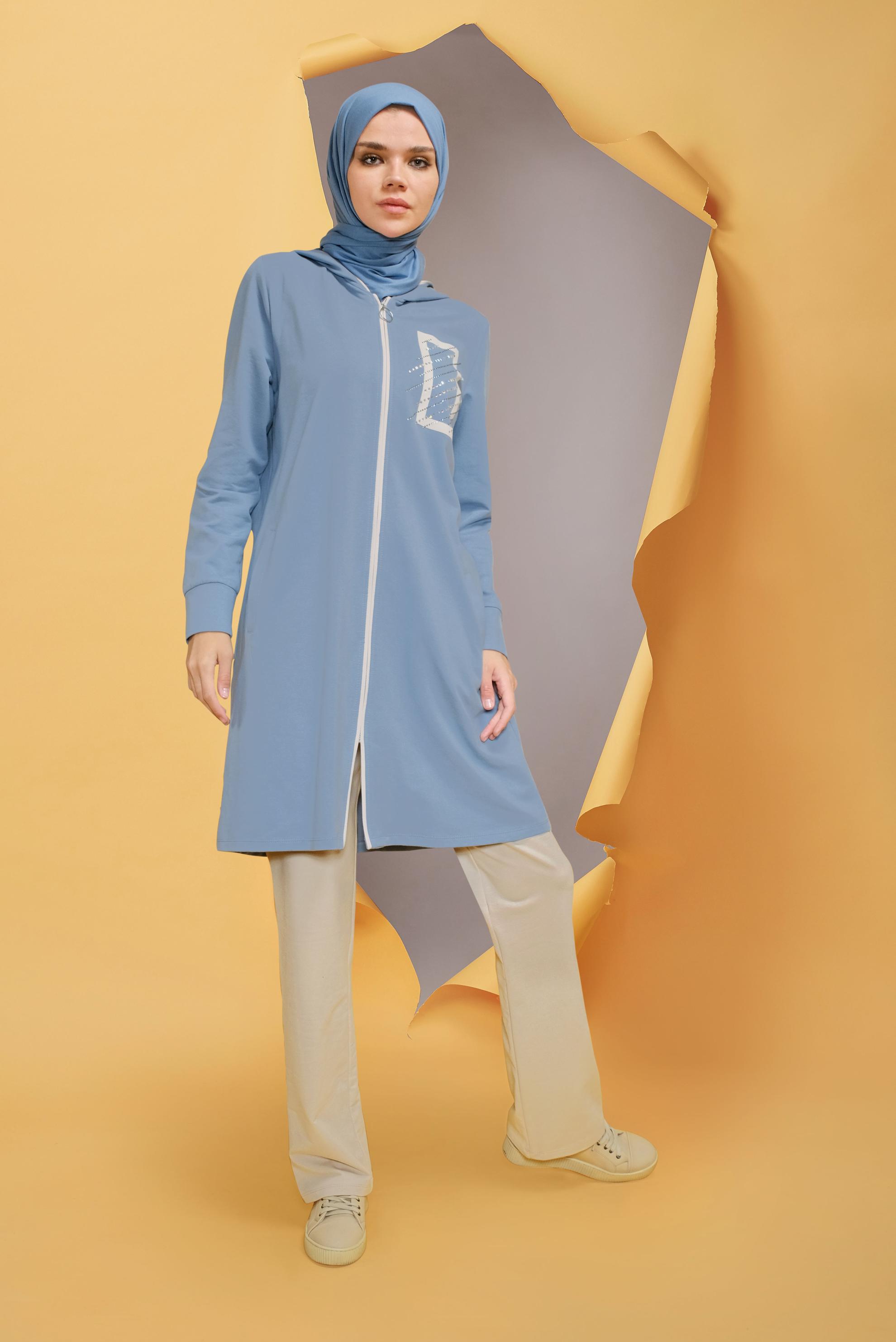 Tesettür giyim MAVİ FERMUARLI TAŞ BASKILI KAPÜŞONLU İKİLİ PANTOLONLU TAKIM 41650 