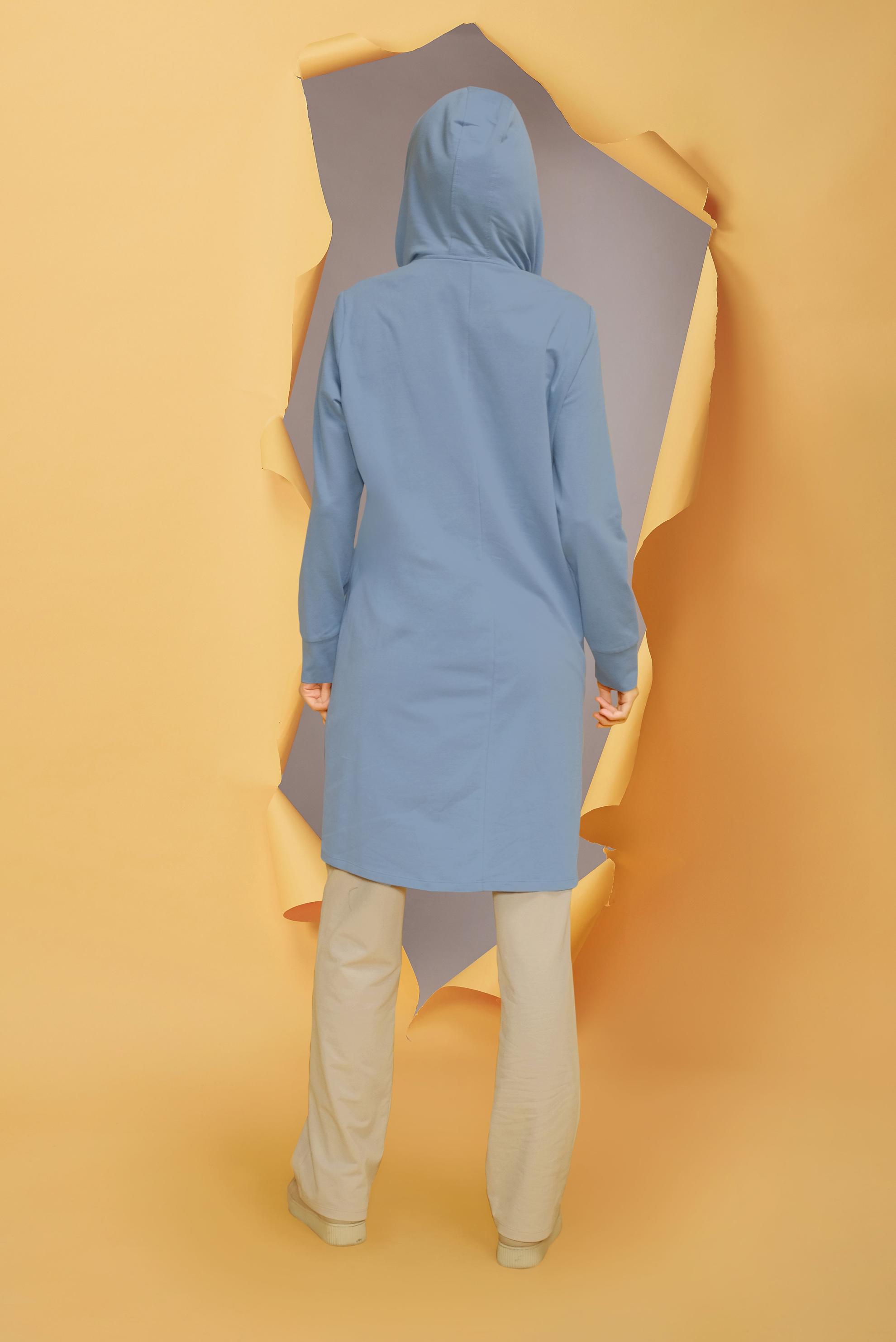 Tesettür giyim MAVİ FERMUARLI TAŞ BASKILI KAPÜŞONLU İKİLİ PANTOLONLU TAKIM 41650 