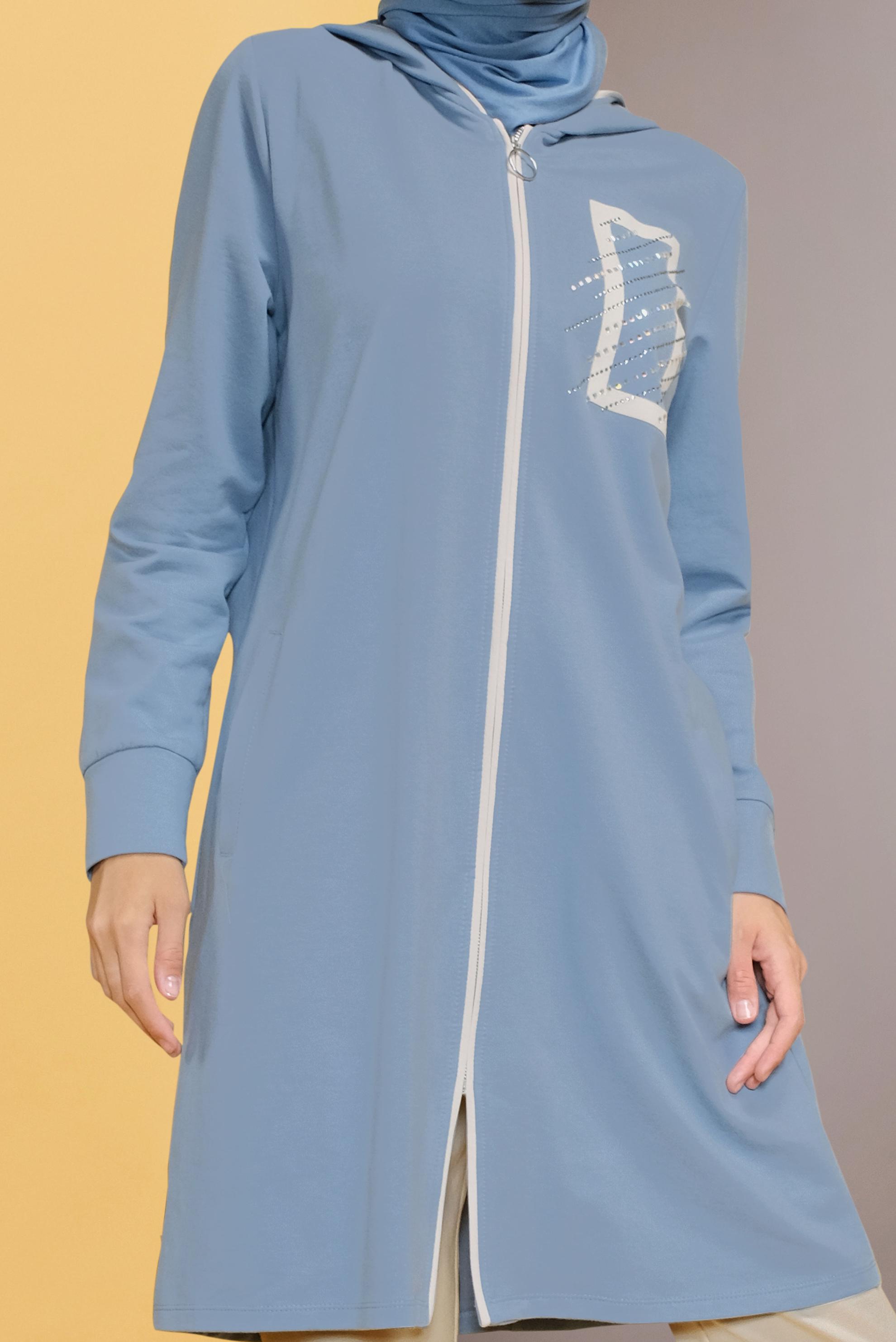 Tesettür giyim MAVİ FERMUARLI TAŞ BASKILI KAPÜŞONLU İKİLİ PANTOLONLU TAKIM 41650 