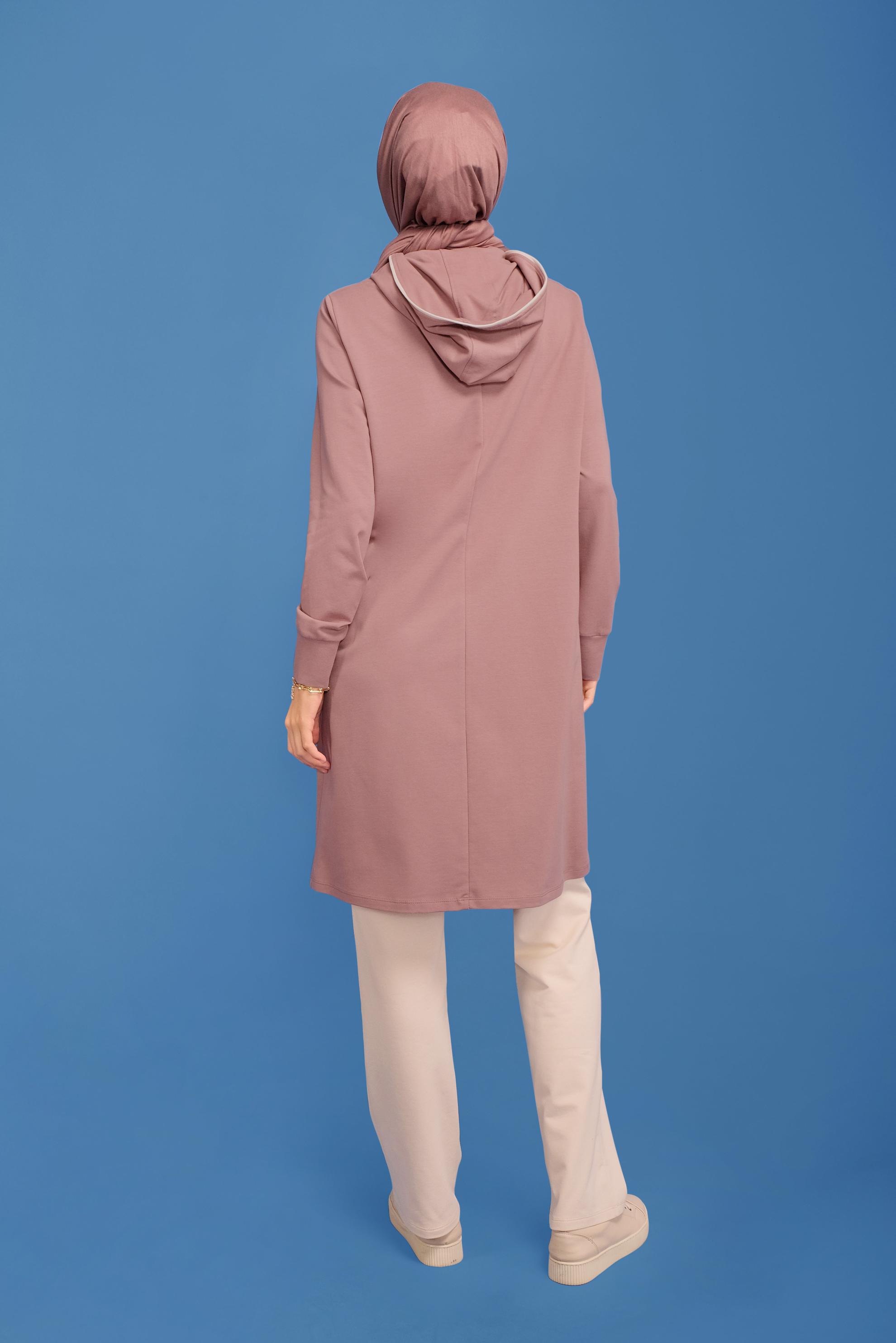 Tesettür giyim PEMBE FERMUARLI TAŞ BASKILI KAPÜŞONLU İKİLİ PANTOLONLU TAKIM 41650 