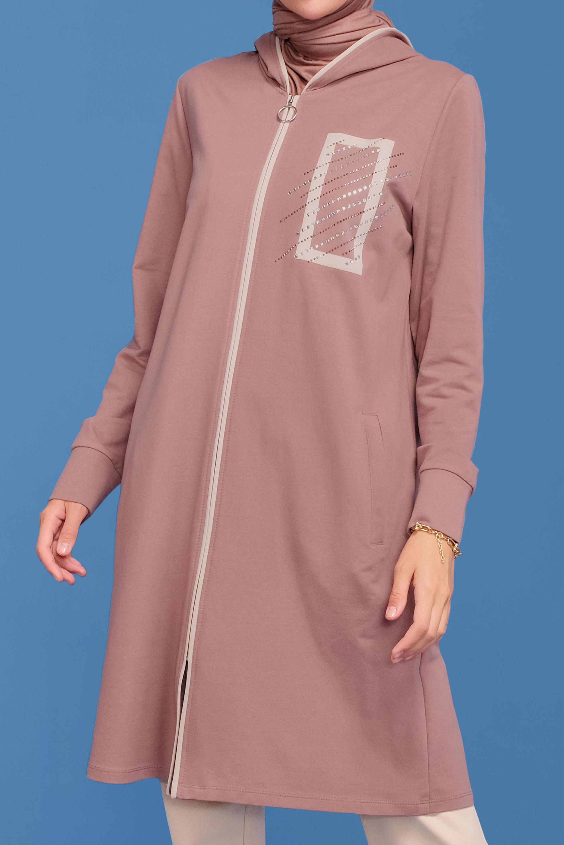 Tesettür giyim PEMBE FERMUARLI TAŞ BASKILI KAPÜŞONLU İKİLİ PANTOLONLU TAKIM 41650 