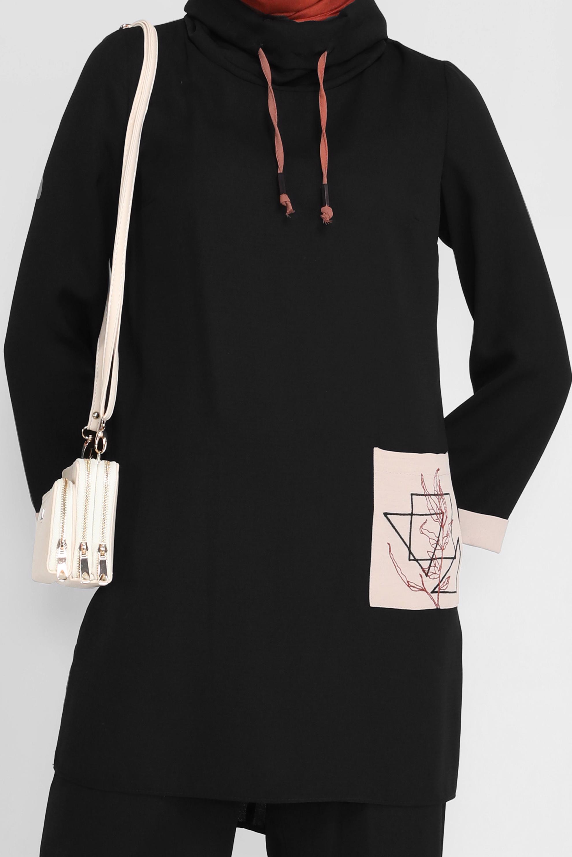 Tesettür giyim SİYAH CEP DETAYLI YAKASI BAĞCIKLI İKİLİ PANTOLONLU TAKIM 41730