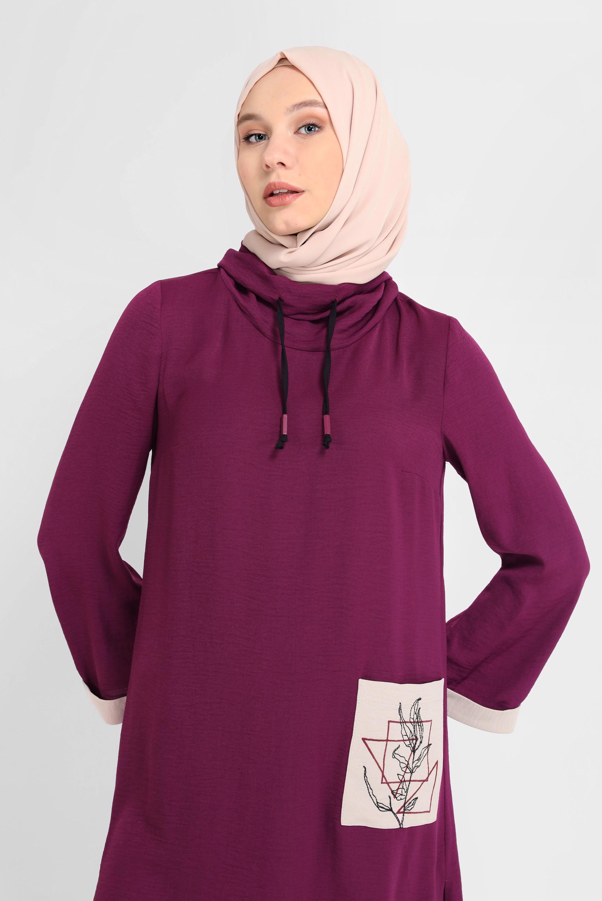 Tesettür giyim MOR CEP DETAYLI YAKASI BAĞCIKLI İKİLİ PANTOLONLU TAKIM 41730