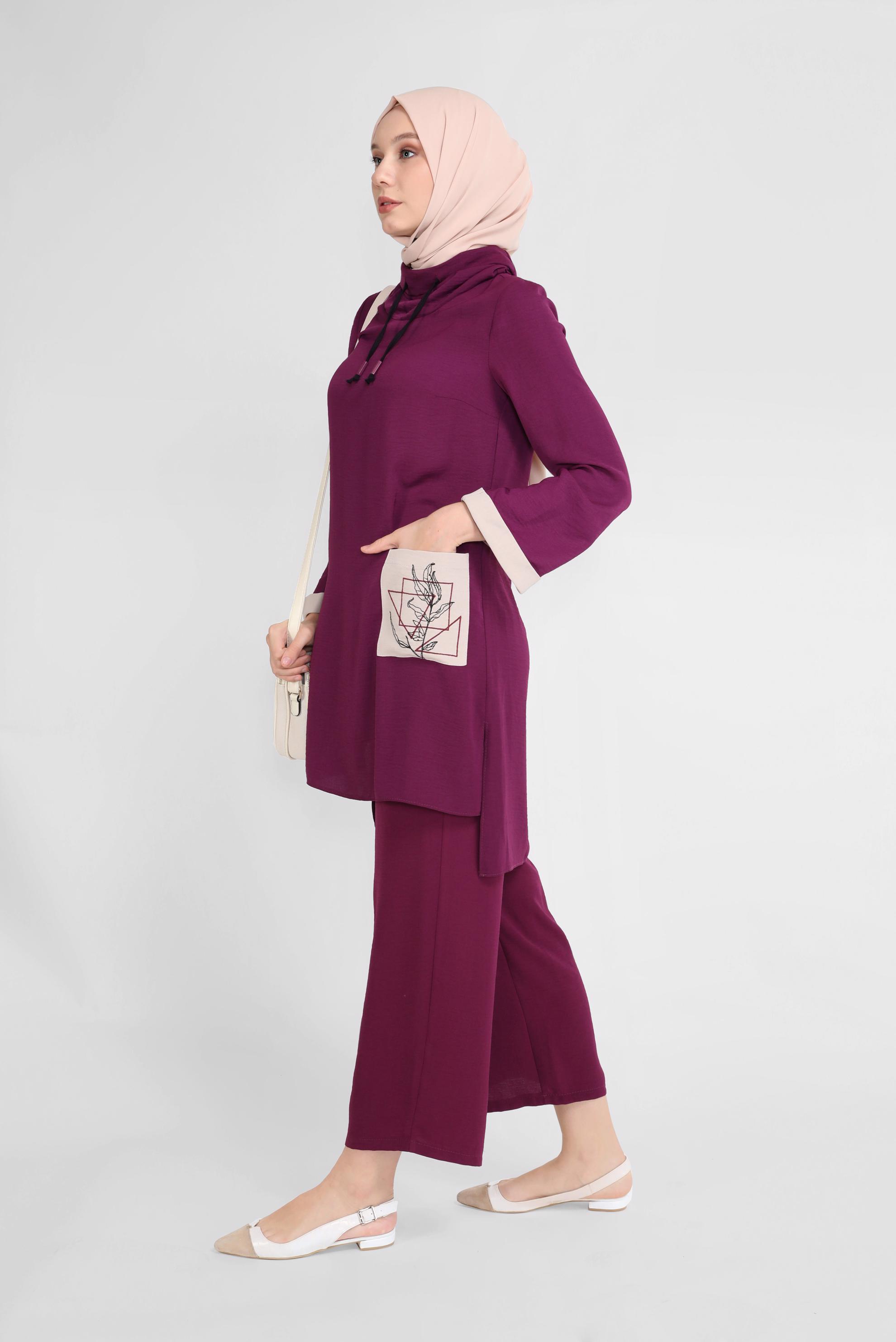 Tesettür giyim MOR CEP DETAYLI YAKASI BAĞCIKLI İKİLİ PANTOLONLU TAKIM 41730