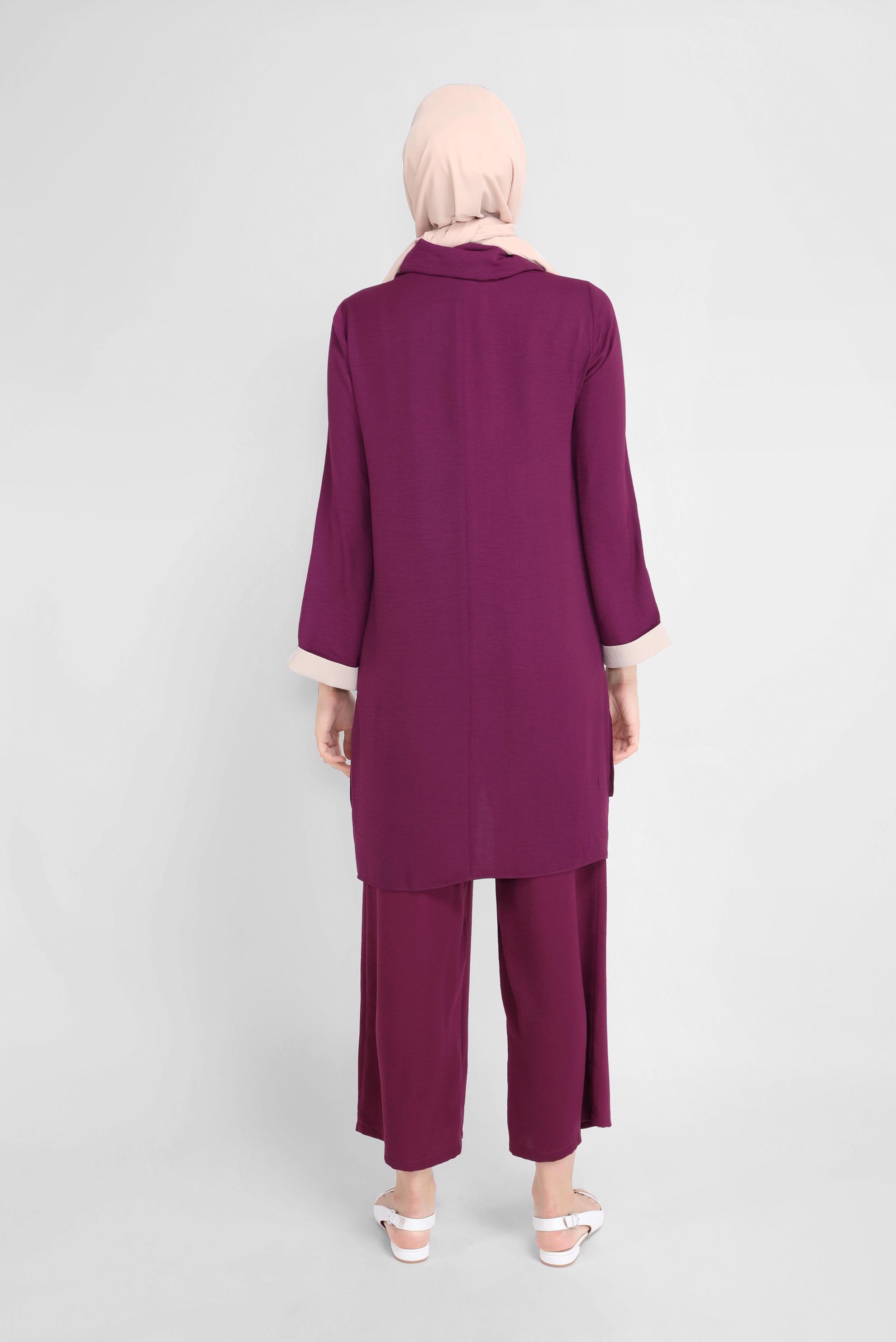 Tesettür giyim MOR CEP DETAYLI YAKASI BAĞCIKLI İKİLİ PANTOLONLU TAKIM 41730