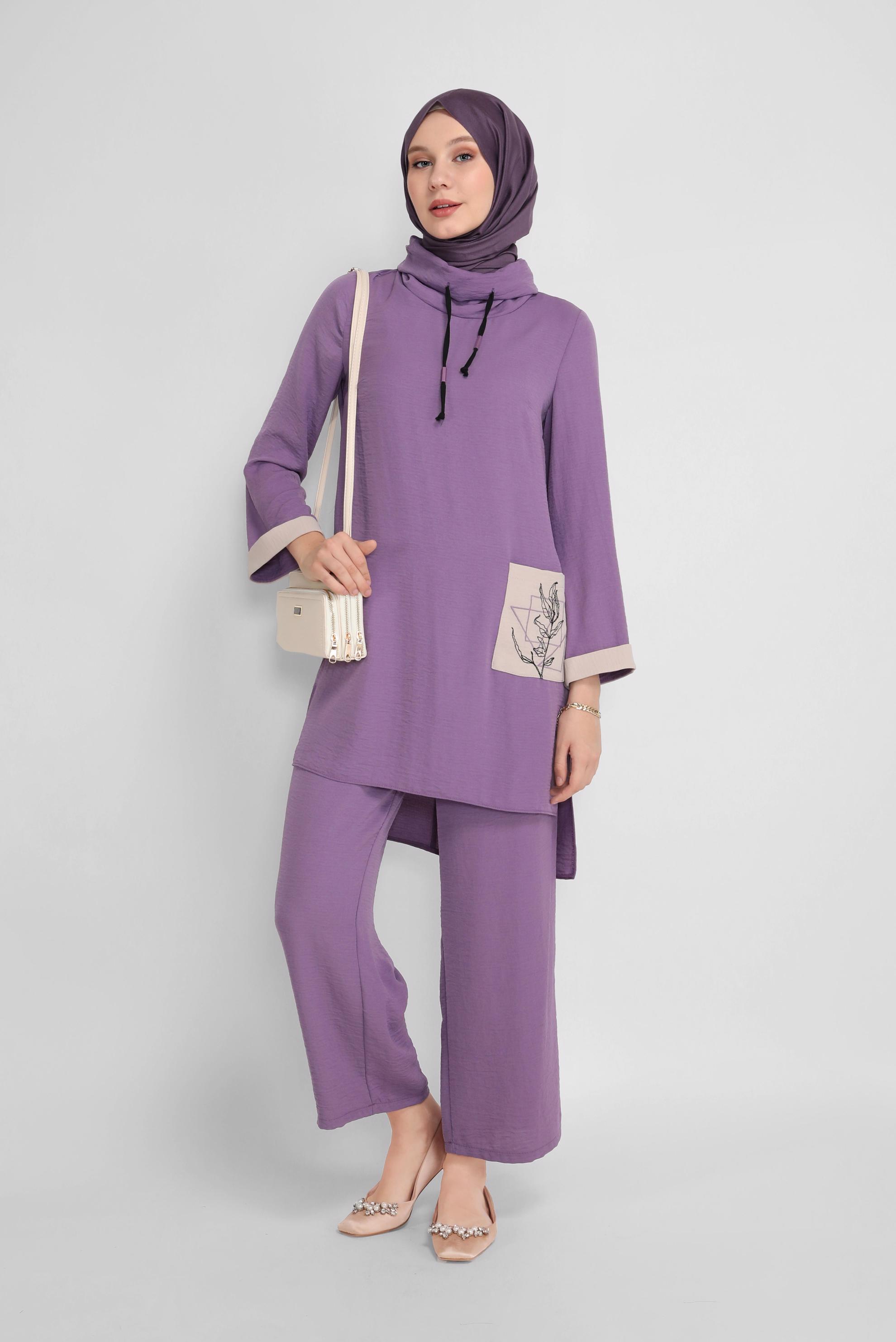 Tesettür giyim MOR CEP DETAYLI YAKASI BAĞCIKLI İKİLİ PANTOLONLU TAKIM 41730