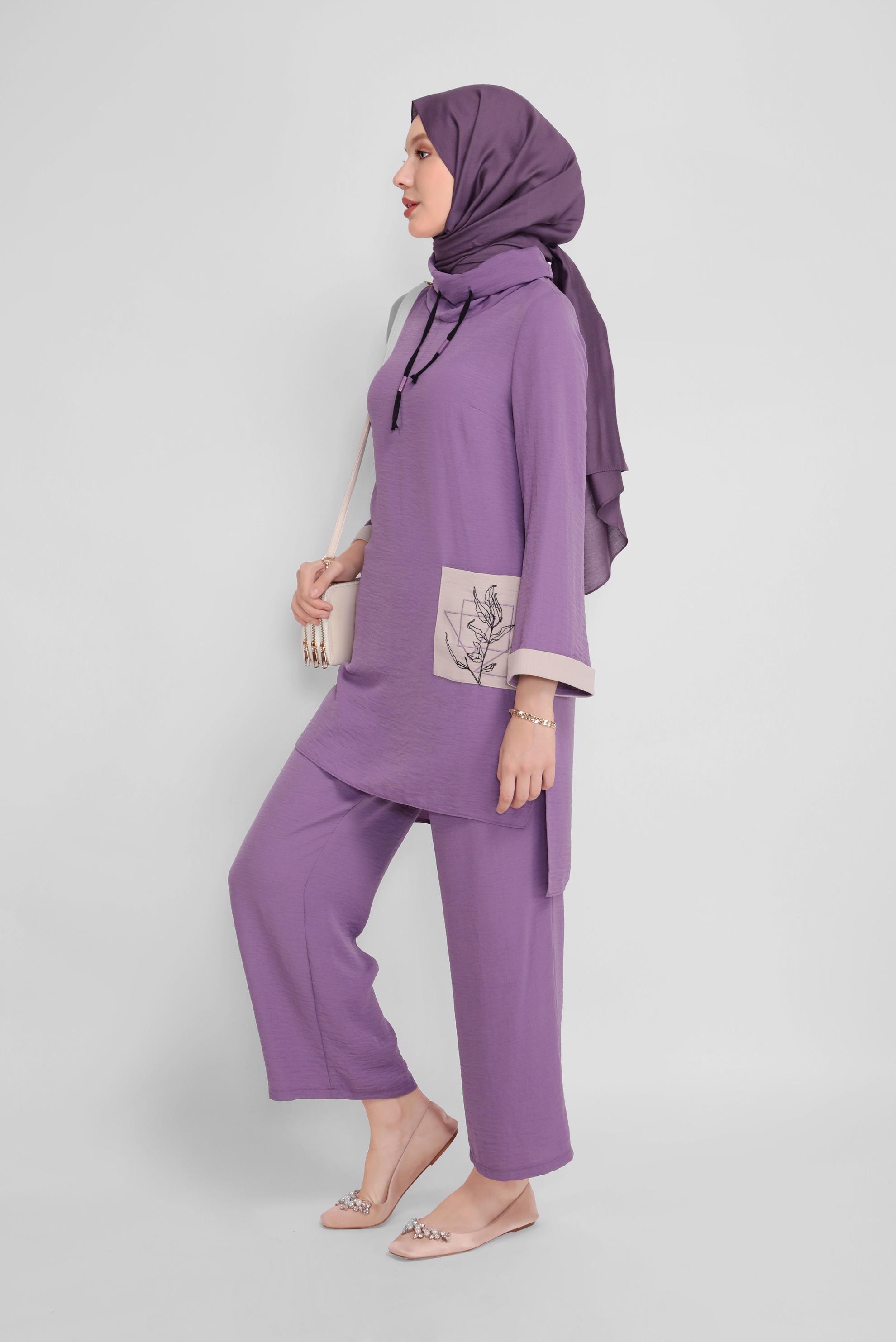 Tesettür giyim MOR CEP DETAYLI YAKASI BAĞCIKLI İKİLİ PANTOLONLU TAKIM 41730