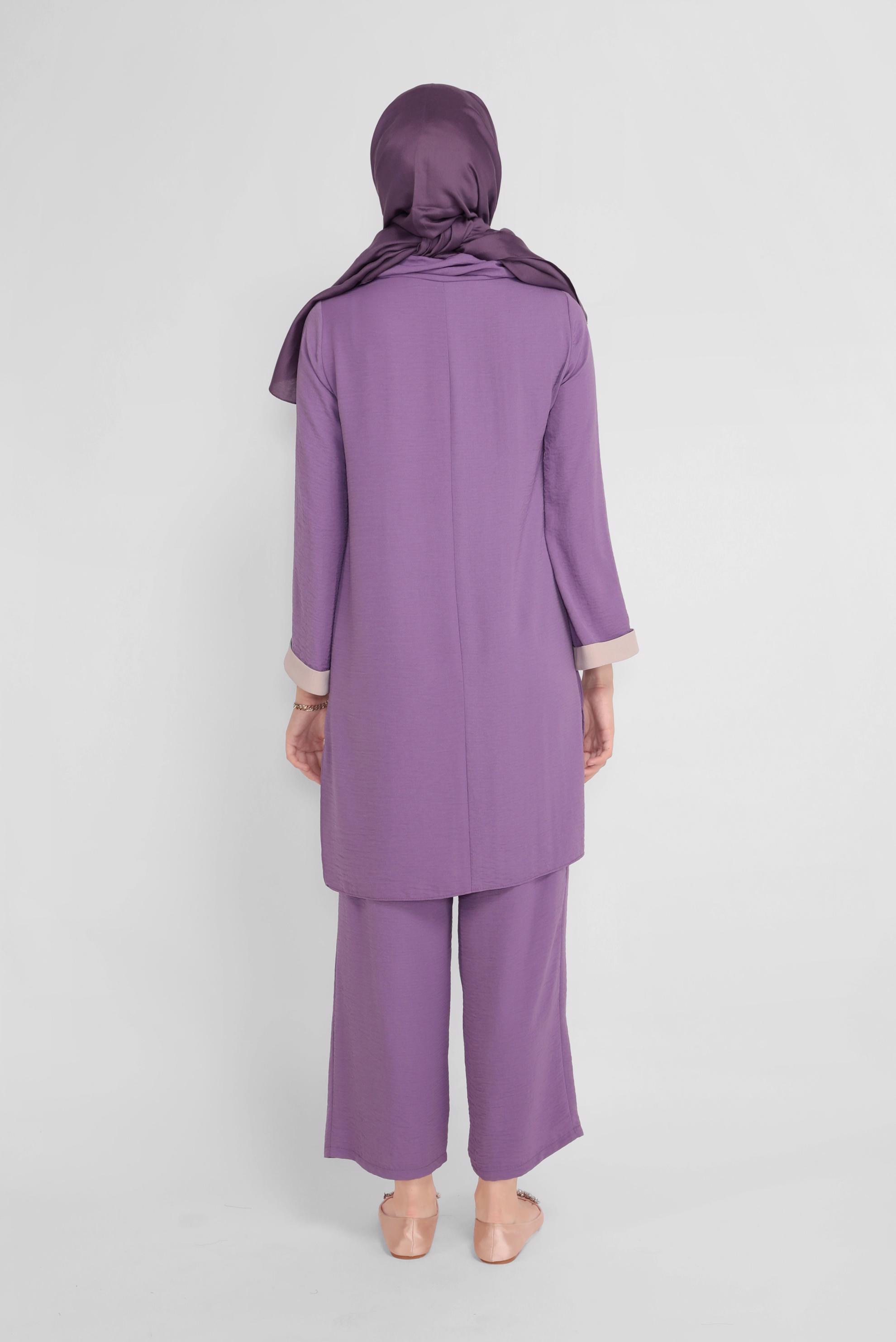Tesettür giyim MOR CEP DETAYLI YAKASI BAĞCIKLI İKİLİ PANTOLONLU TAKIM 41730