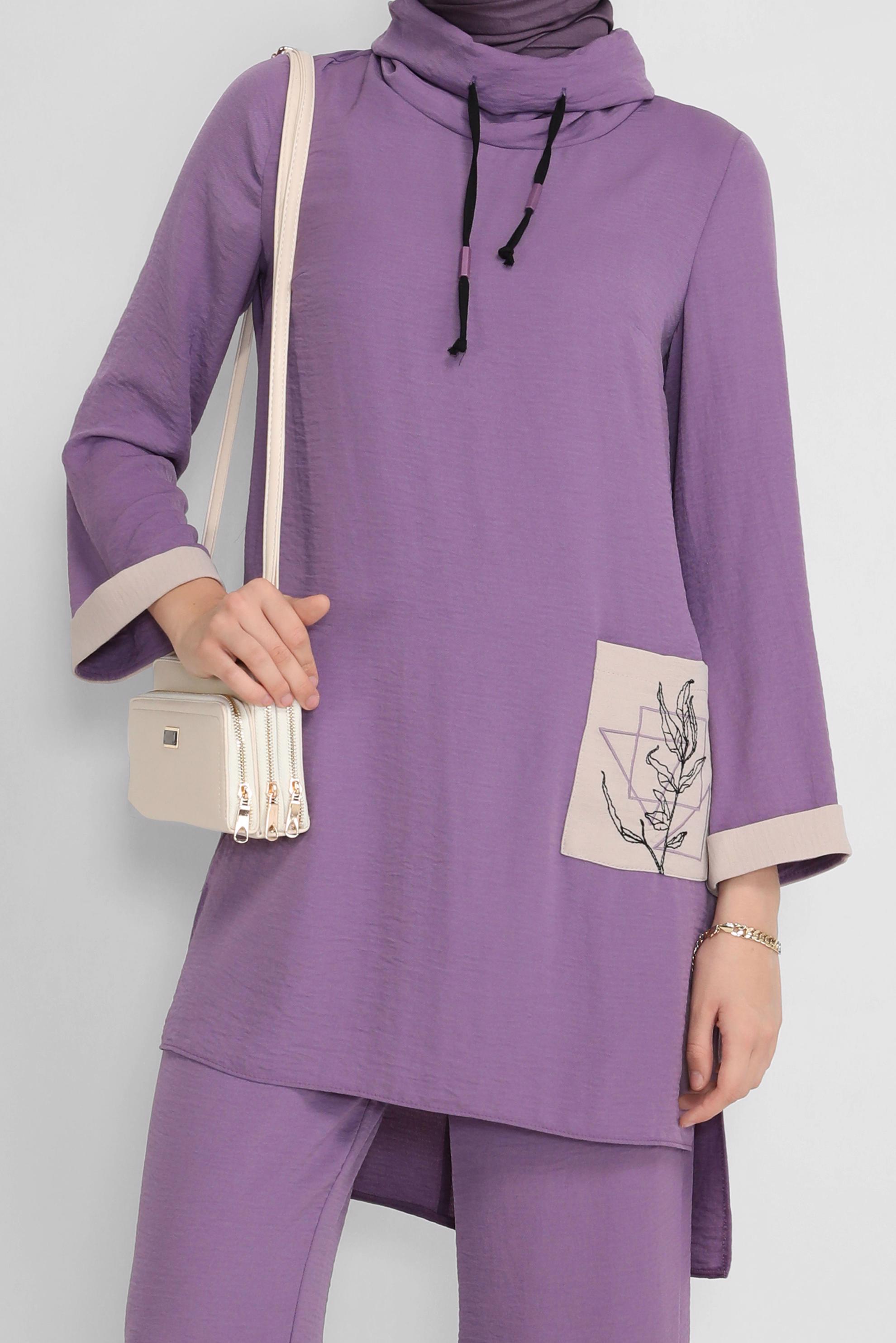 Tesettür giyim MOR CEP DETAYLI YAKASI BAĞCIKLI İKİLİ PANTOLONLU TAKIM 41730