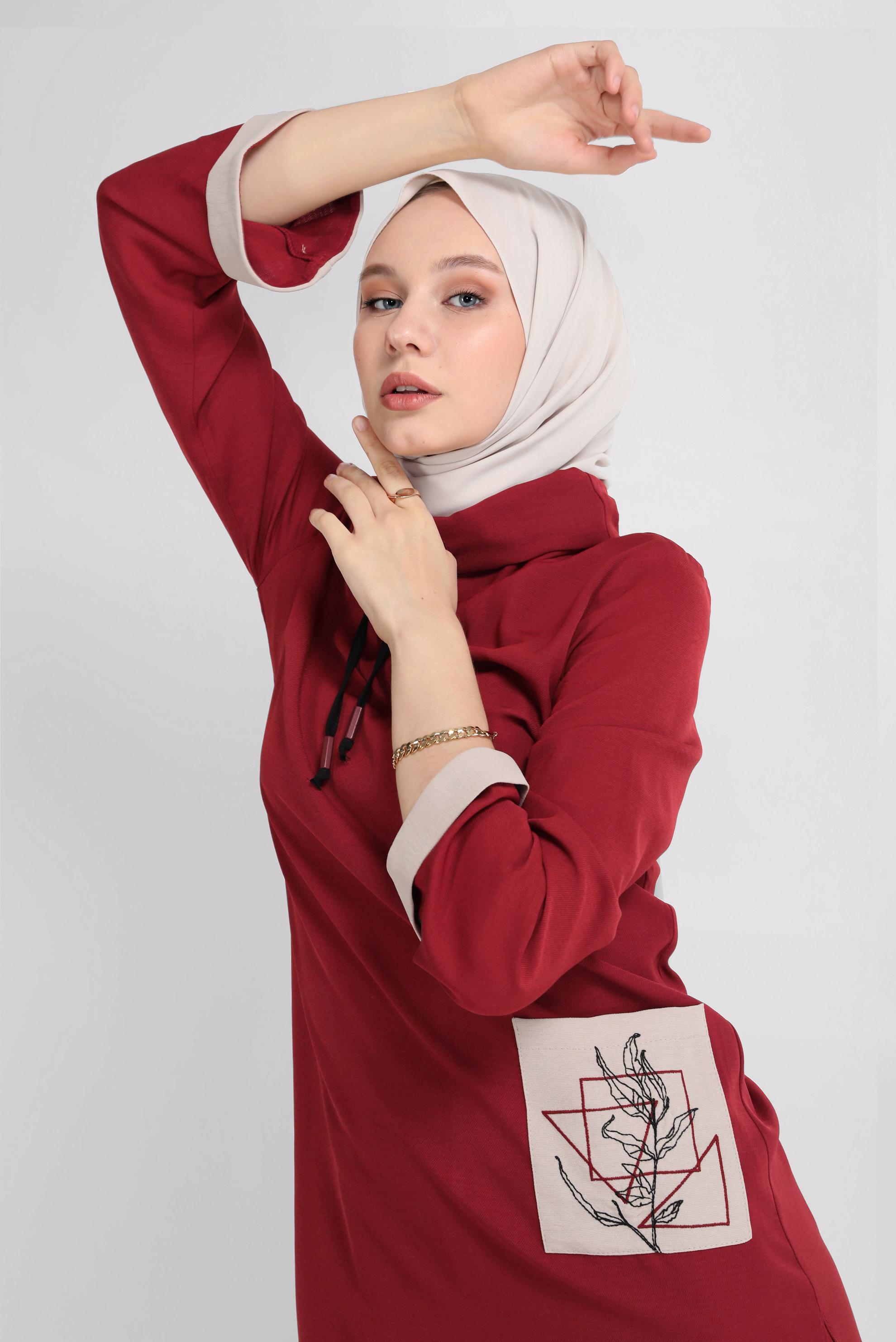 Tesettür giyim TURUNCU CEP DETAYLI YAKASI BAĞCIKLI İKİLİ PANTOLONLU TAKIM 41730