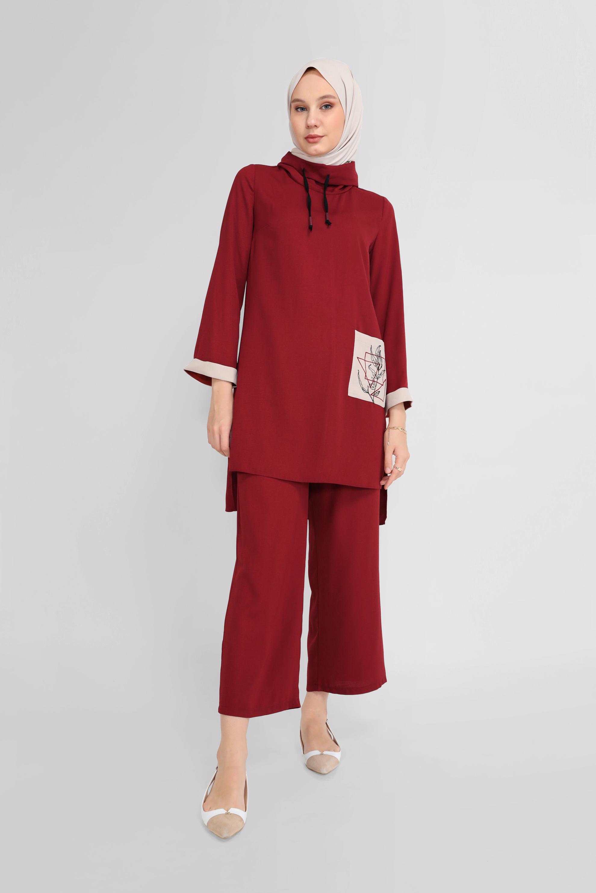 Tesettür giyim TURUNCU CEP DETAYLI YAKASI BAĞCIKLI İKİLİ PANTOLONLU TAKIM 41730