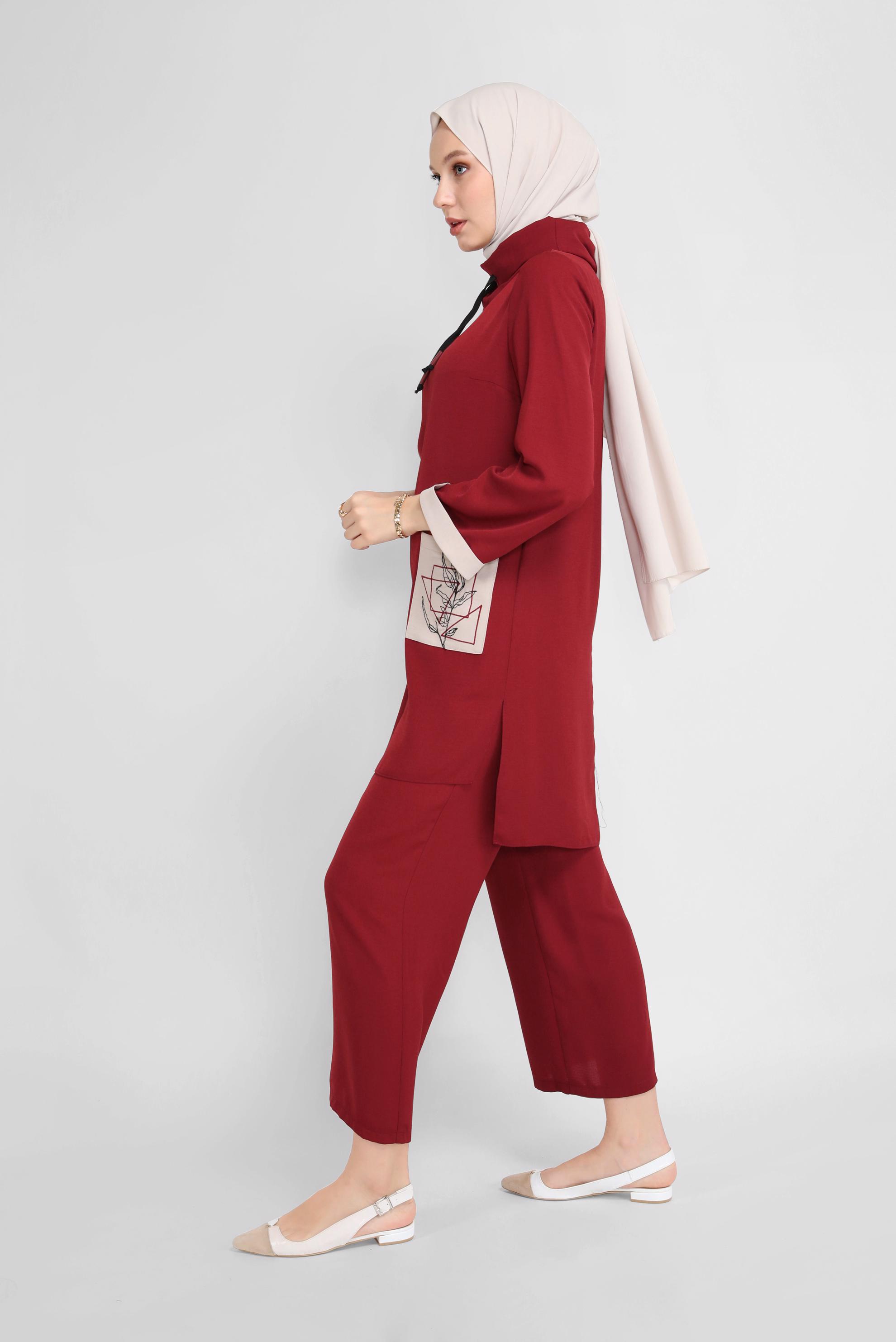 Tesettür giyim TURUNCU CEP DETAYLI YAKASI BAĞCIKLI İKİLİ PANTOLONLU TAKIM 41730