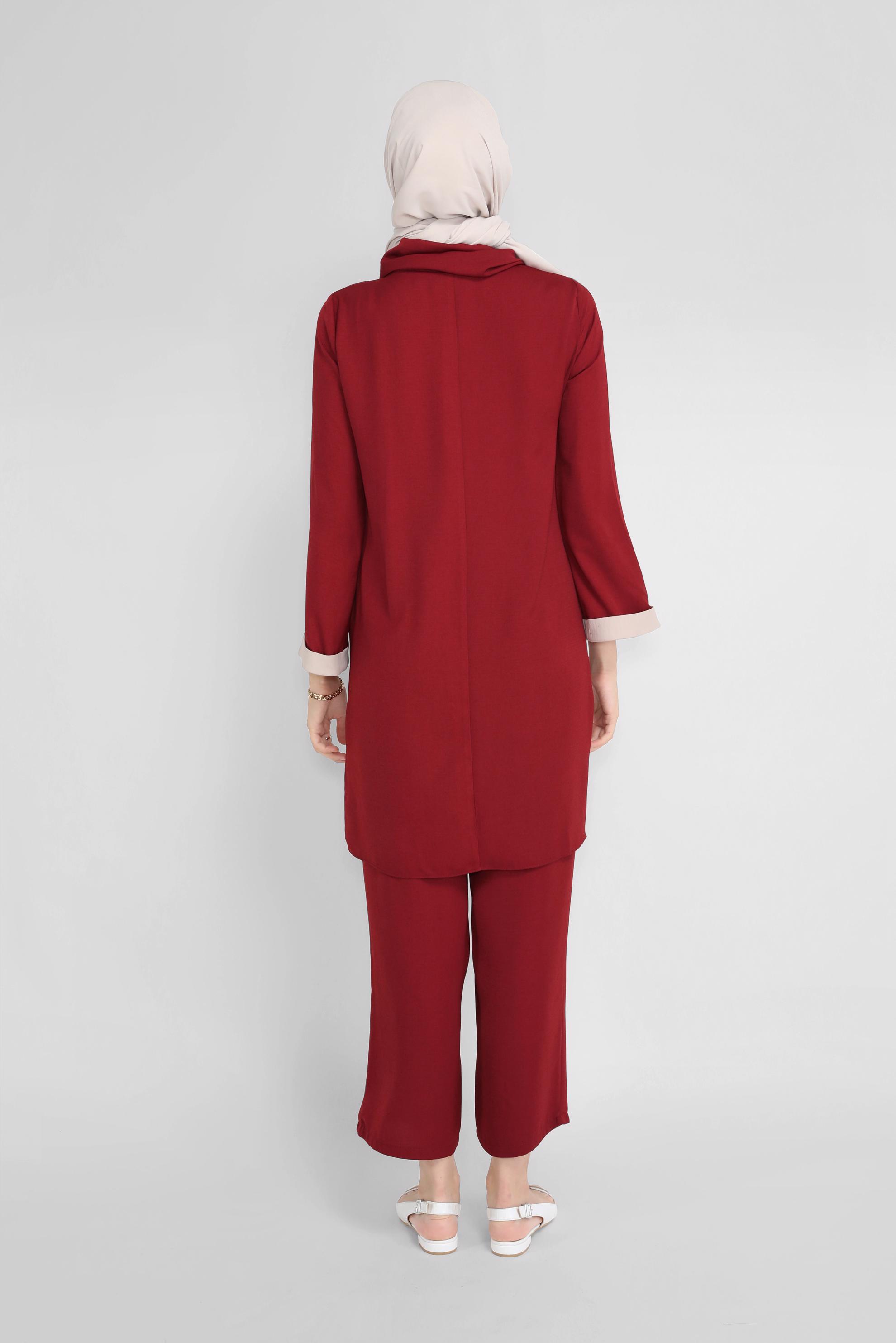 Tesettür giyim TURUNCU CEP DETAYLI YAKASI BAĞCIKLI İKİLİ PANTOLONLU TAKIM 41730