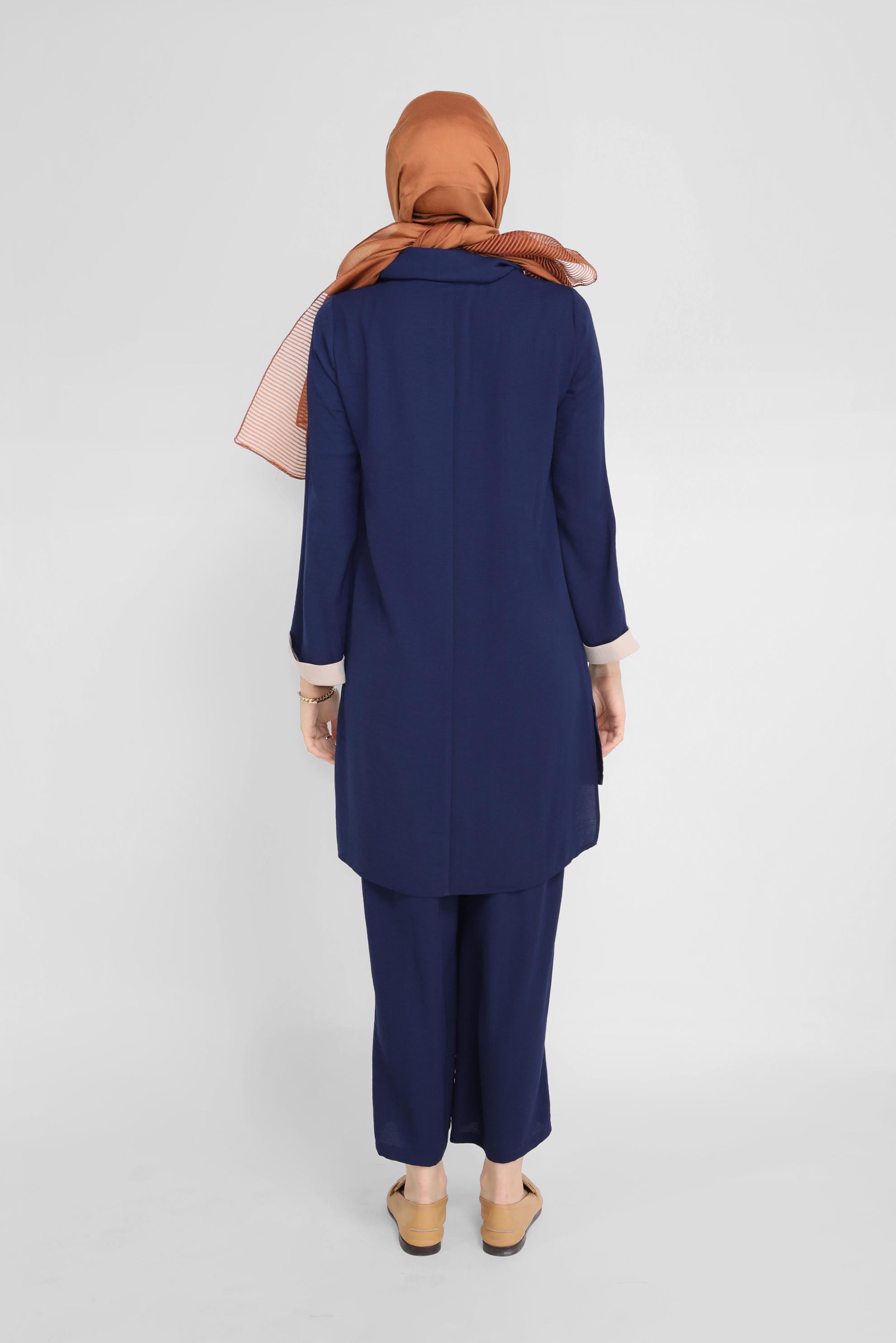 Tesettür giyim LACİVERT CEP DETAYLI YAKASI BAĞCIKLI İKİLİ PANTOLONLU TAKIM 41730