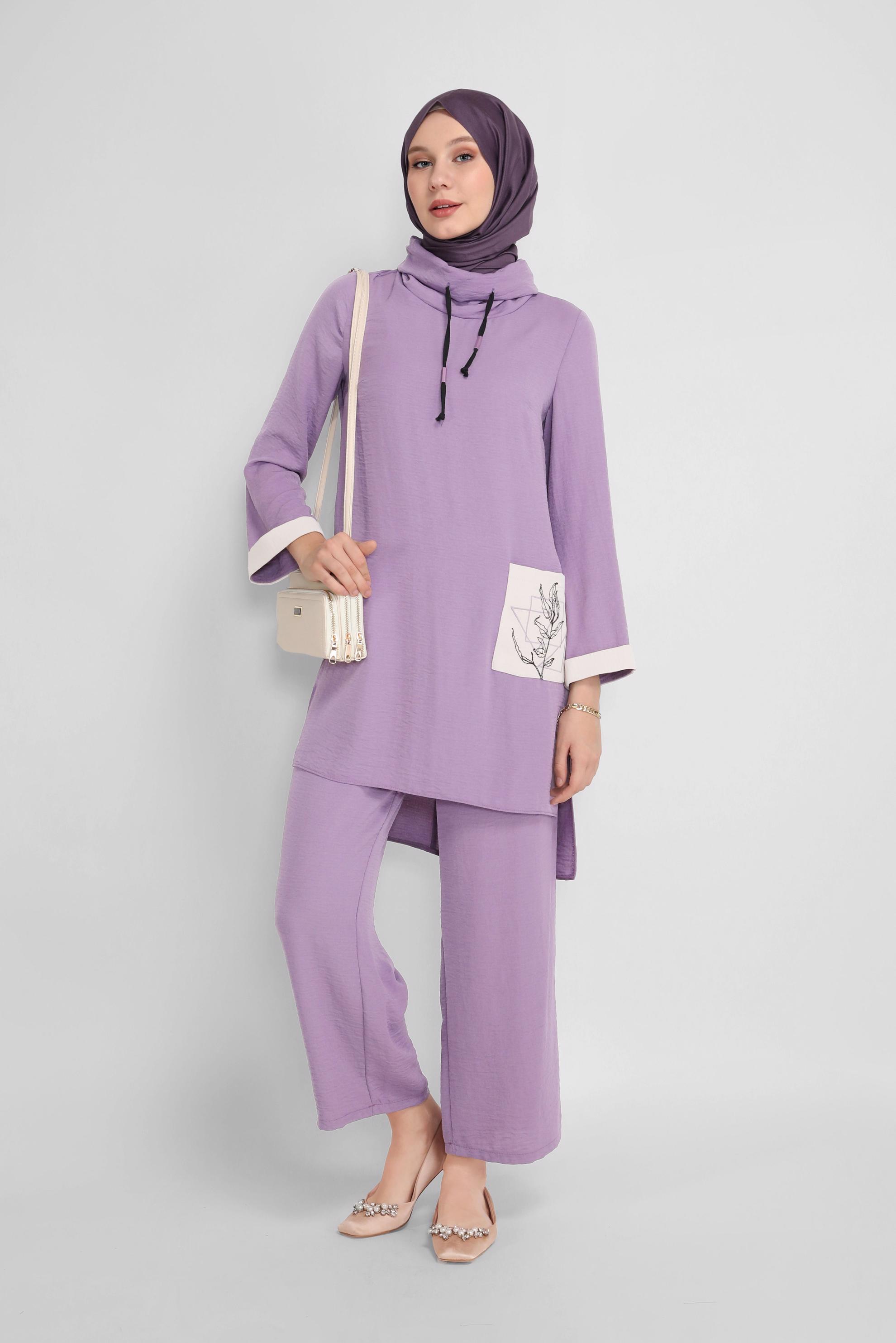 Tesettür giyim MOR CEP DETAYLI YAKASI BAĞCIKLI İKİLİ PANTOLONLU TAKIM 41730