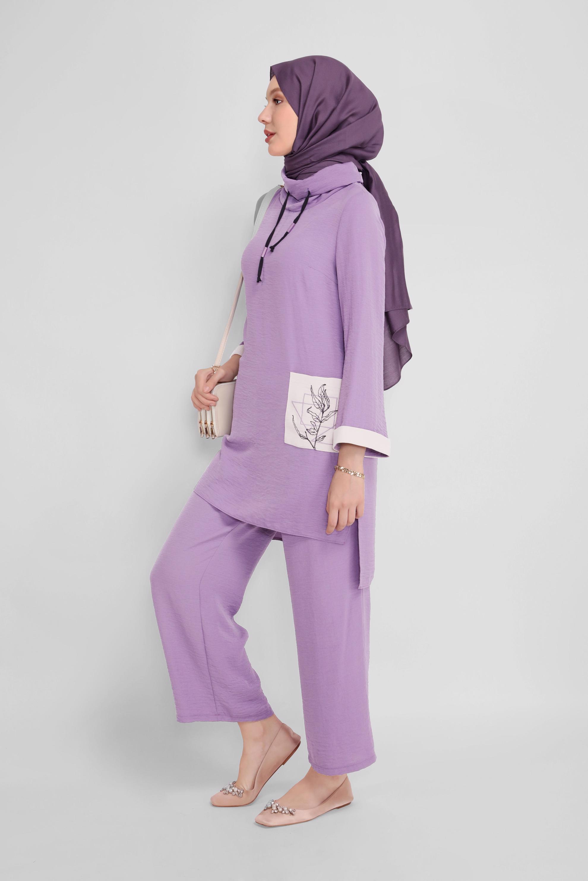 Tesettür giyim MOR CEP DETAYLI YAKASI BAĞCIKLI İKİLİ PANTOLONLU TAKIM 41730