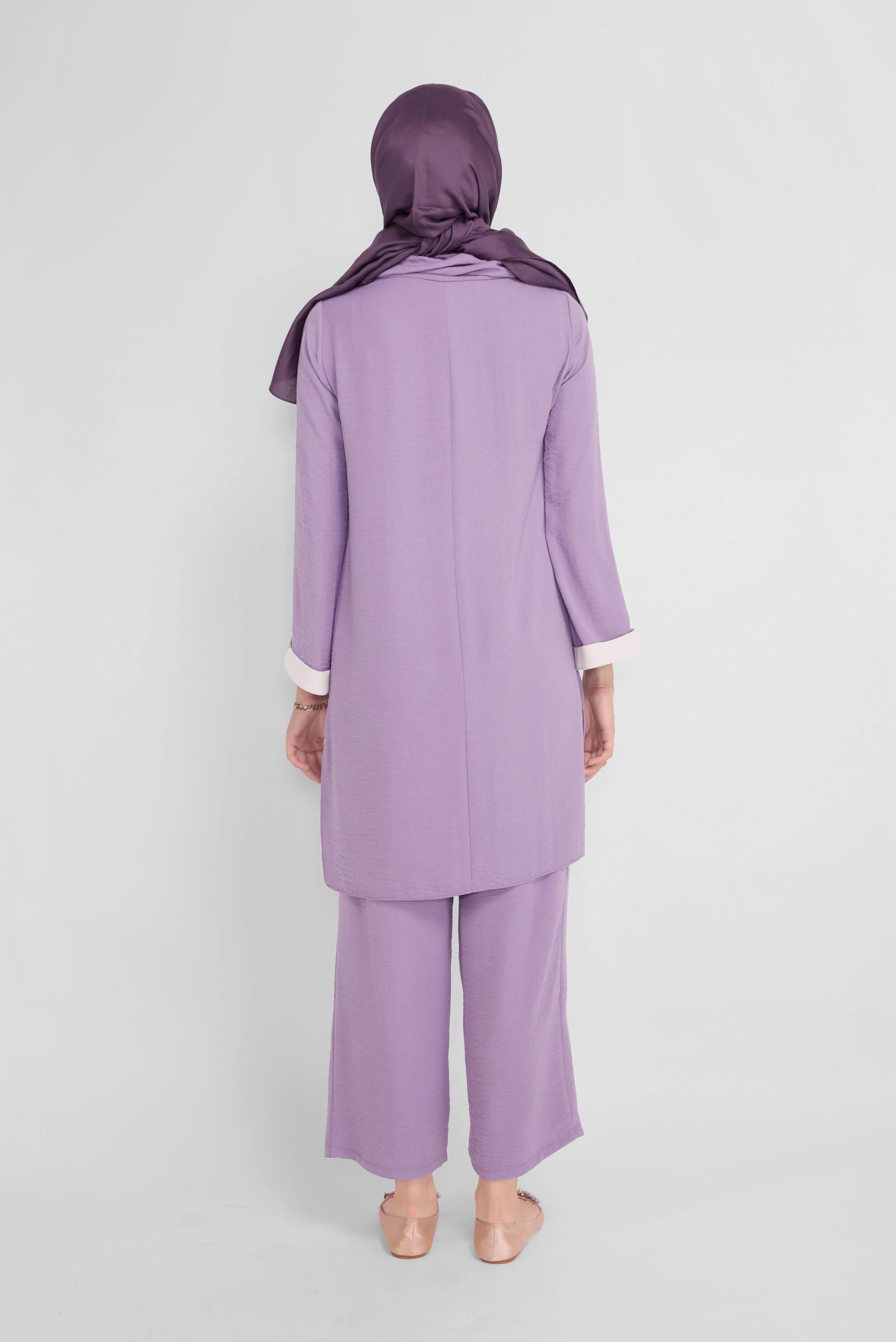 Tesettür giyim MOR CEP DETAYLI YAKASI BAĞCIKLI İKİLİ PANTOLONLU TAKIM 41730