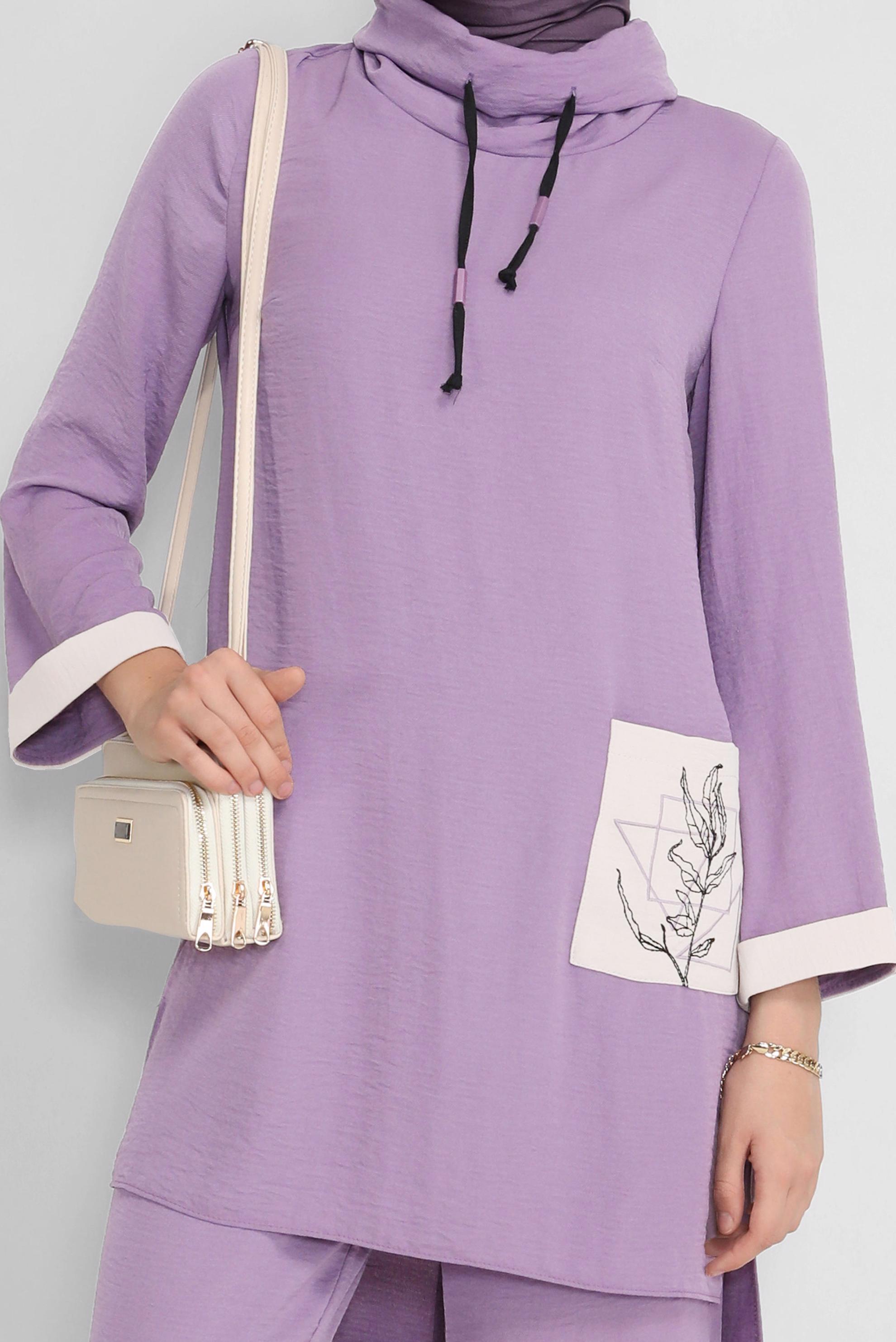 Tesettür giyim MOR CEP DETAYLI YAKASI BAĞCIKLI İKİLİ PANTOLONLU TAKIM 41730