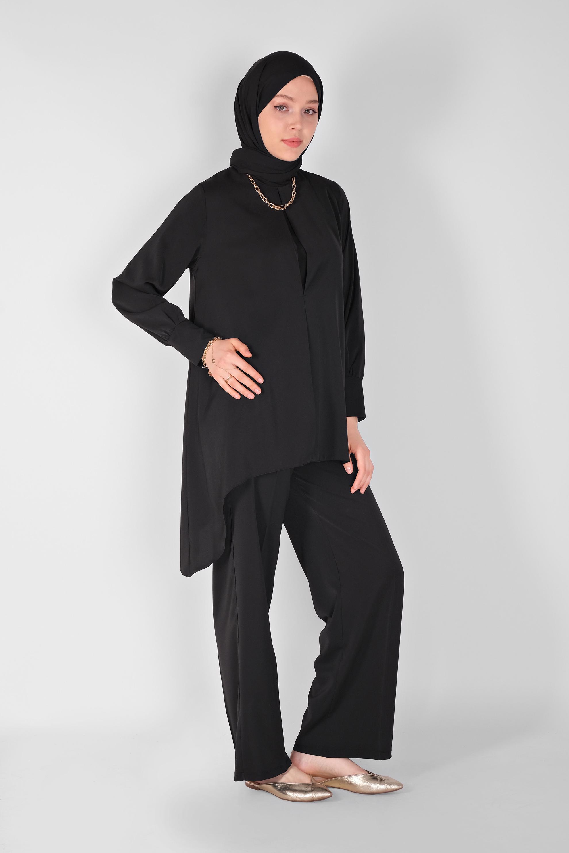 Tesettür giyim SİYAH YUVARLAK YAKA İKİLİ PANT. TAKIM 41805 