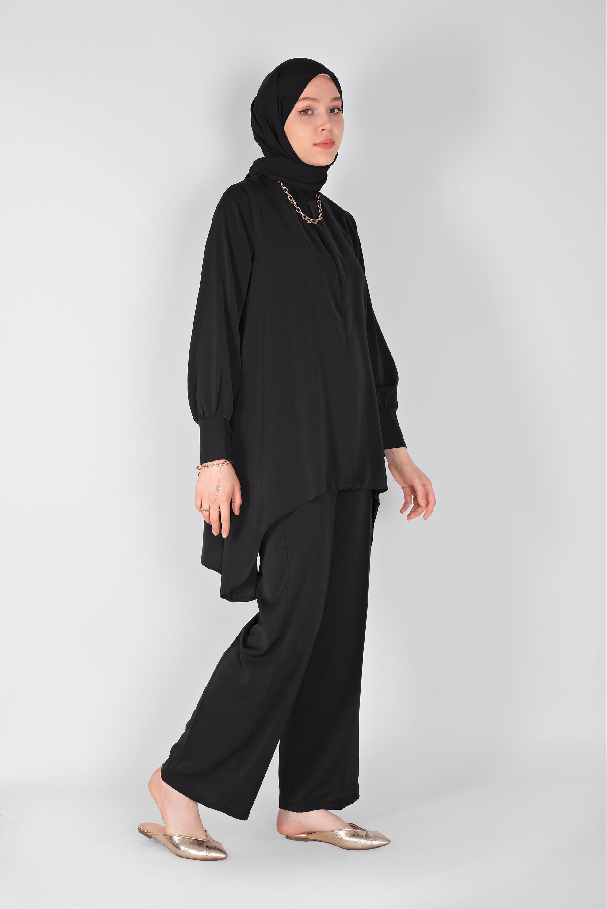 Tesettür giyim SİYAH YUVARLAK YAKA İKİLİ PANT. TAKIM 41805 
